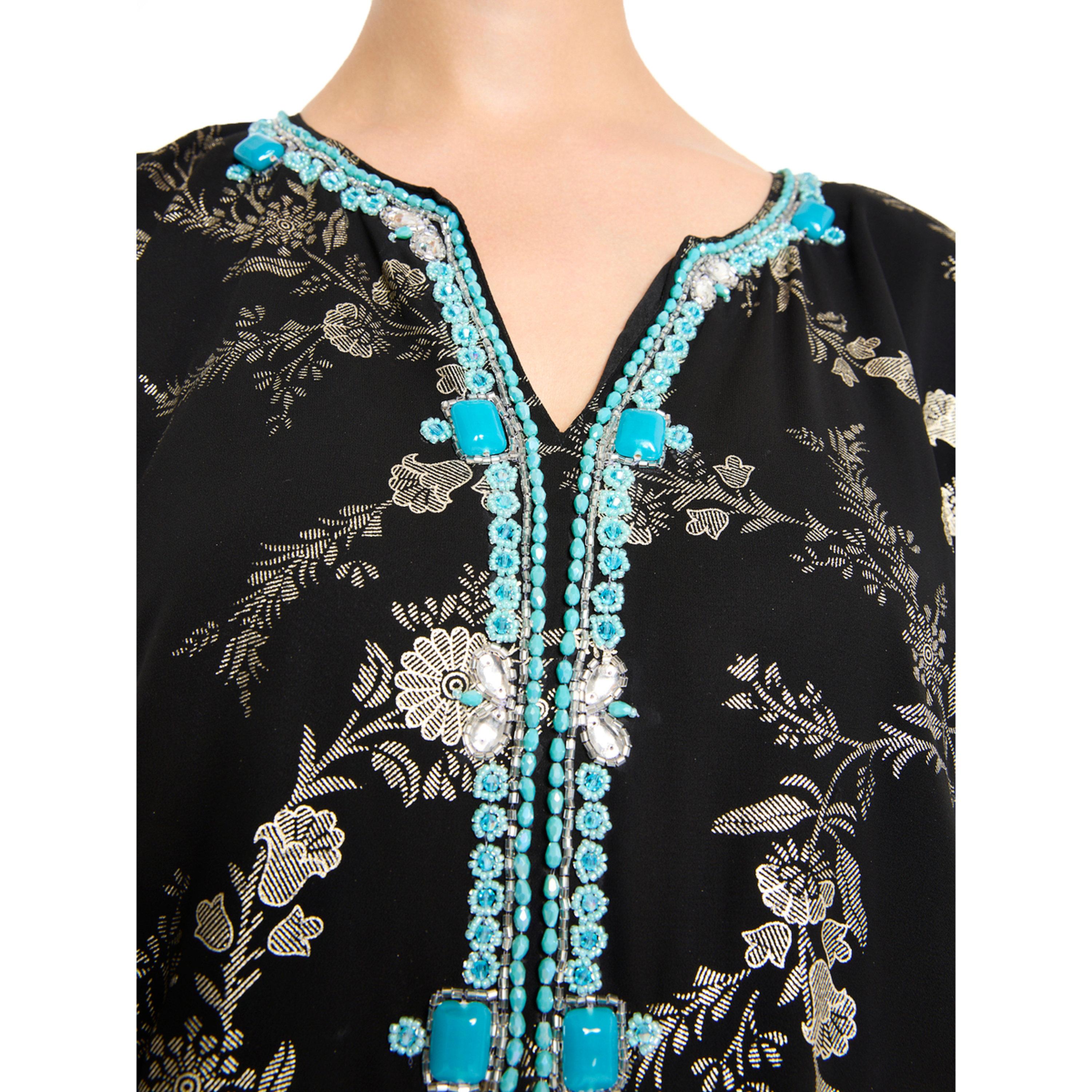 Thouq X Styli Black Floral Gold Print Maxi Kaftan with Turquoise Embellishment-women-arabicclothing-kaftan-image-4