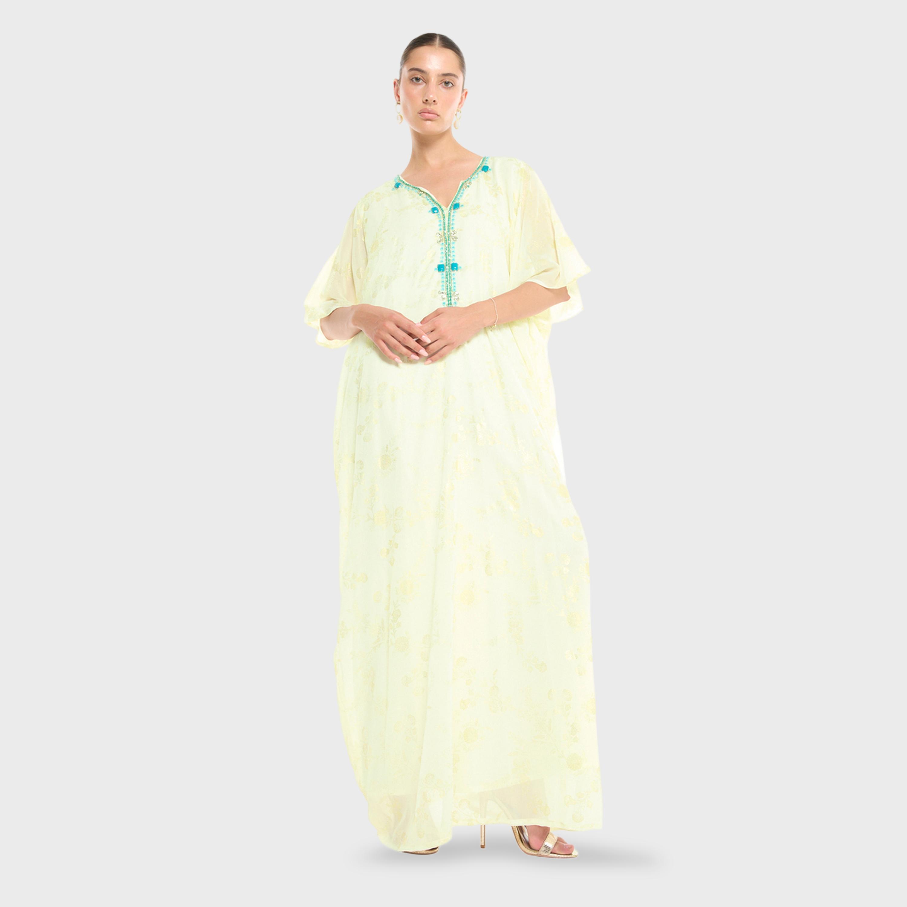 Thouq X Styli Cream A-Line Maxi Jalabiya with Turquoise Embroidery-women-arabicclothing-jalabiyas-image-1