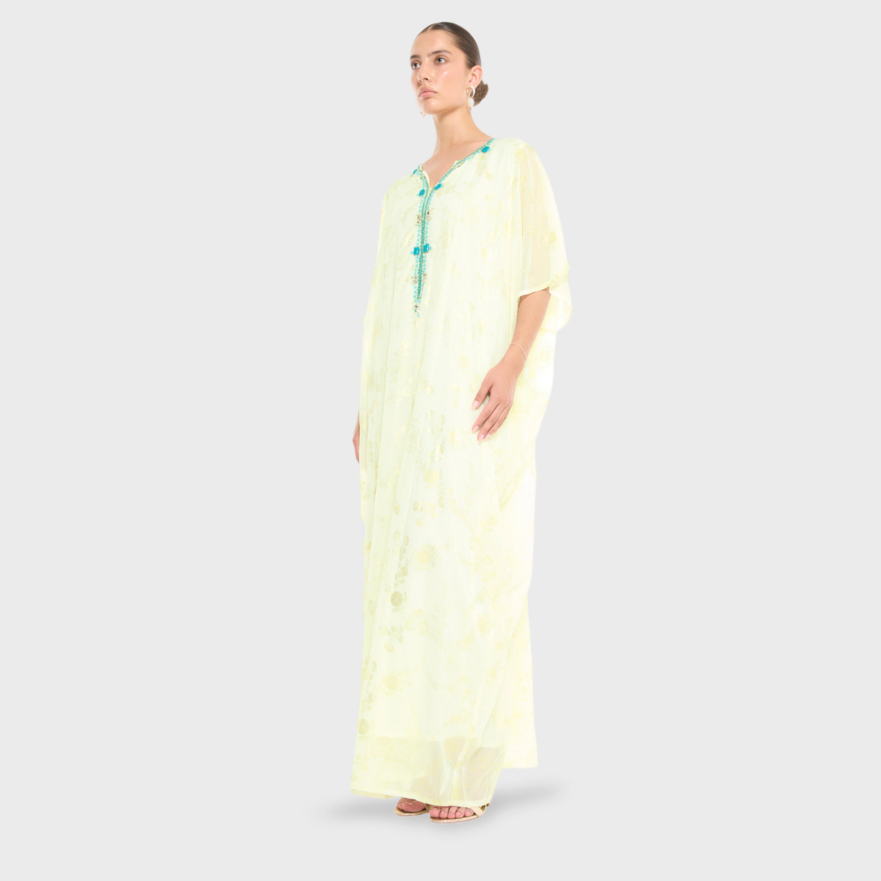 Thouq X Styli Cream A-Line Maxi Jalabiya with Turquoise Embroidery-women-arabicclothing-jalabiyas-image-2