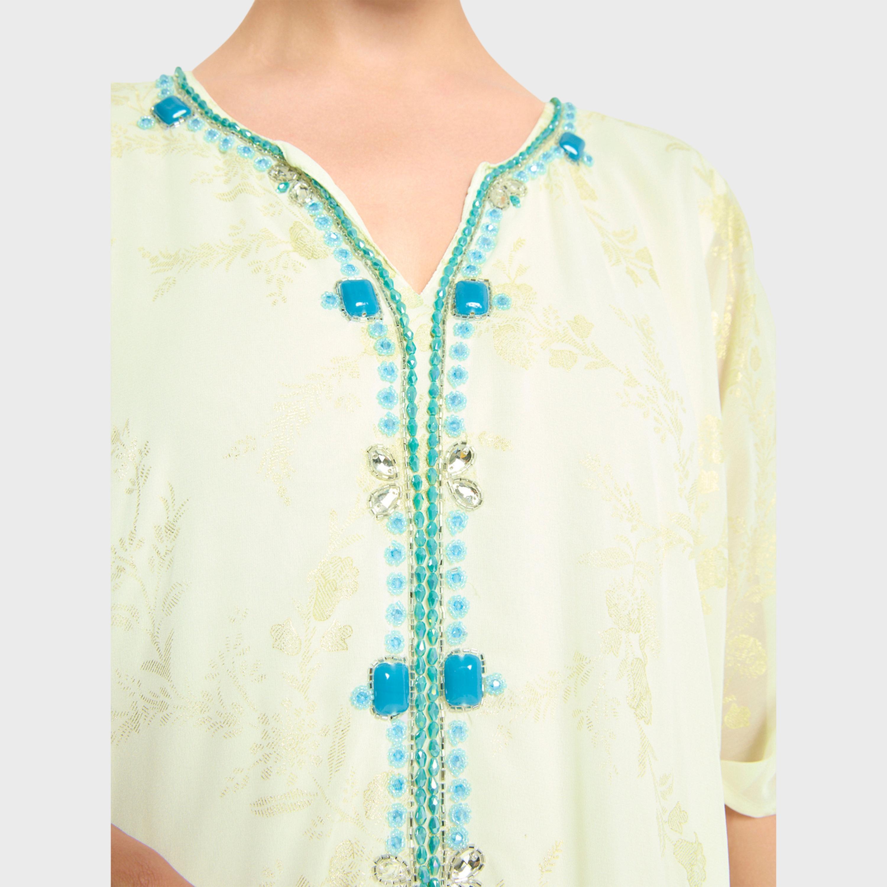 Thouq X Styli Cream A-Line Maxi Jalabiya with Turquoise Embroidery-women-arabicclothing-jalabiyas-image-4