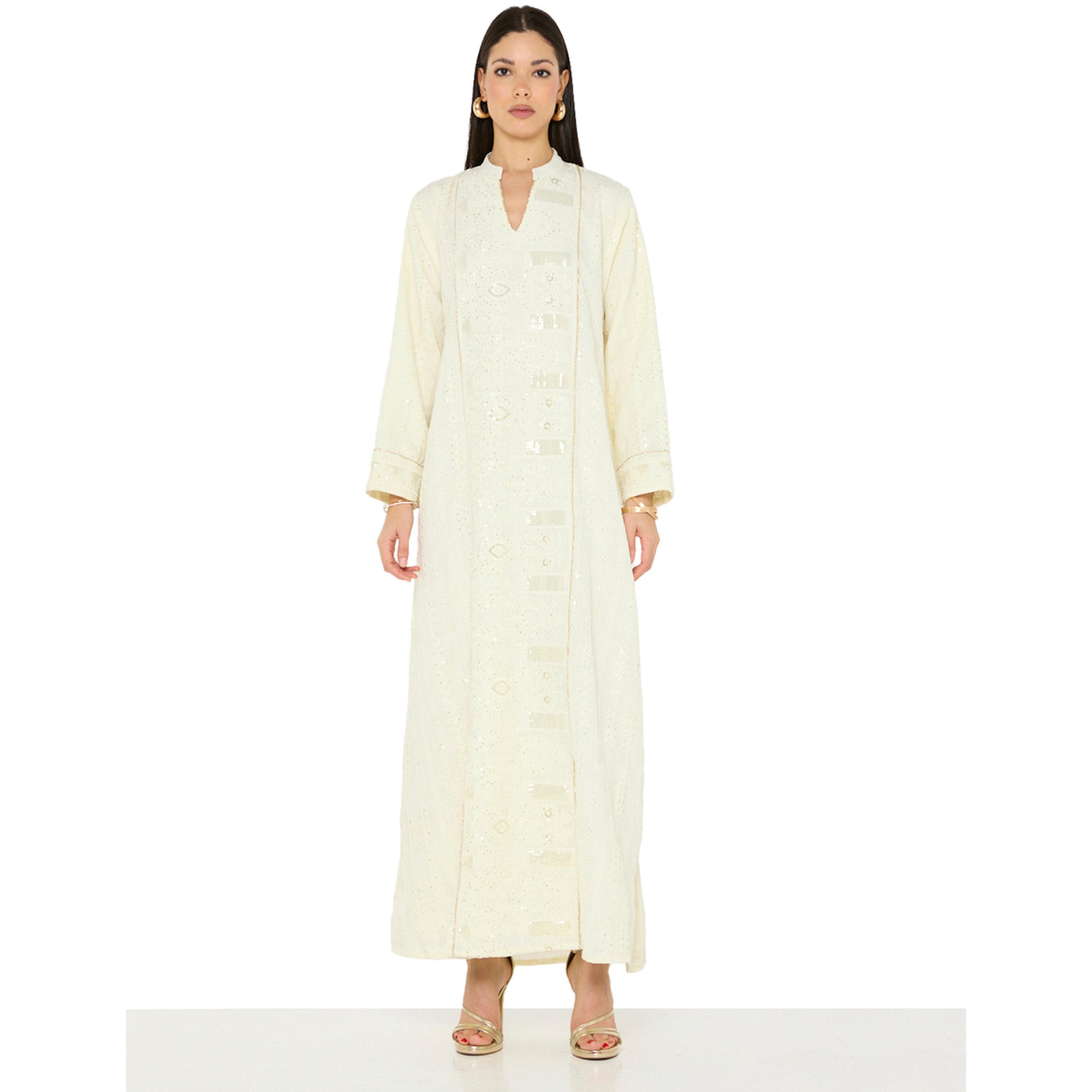 Thouq X Styli Cream A-Line Maxi Jalabiya with Intricate Embroidery-women-arabicclothing-jalabiyas-image-1