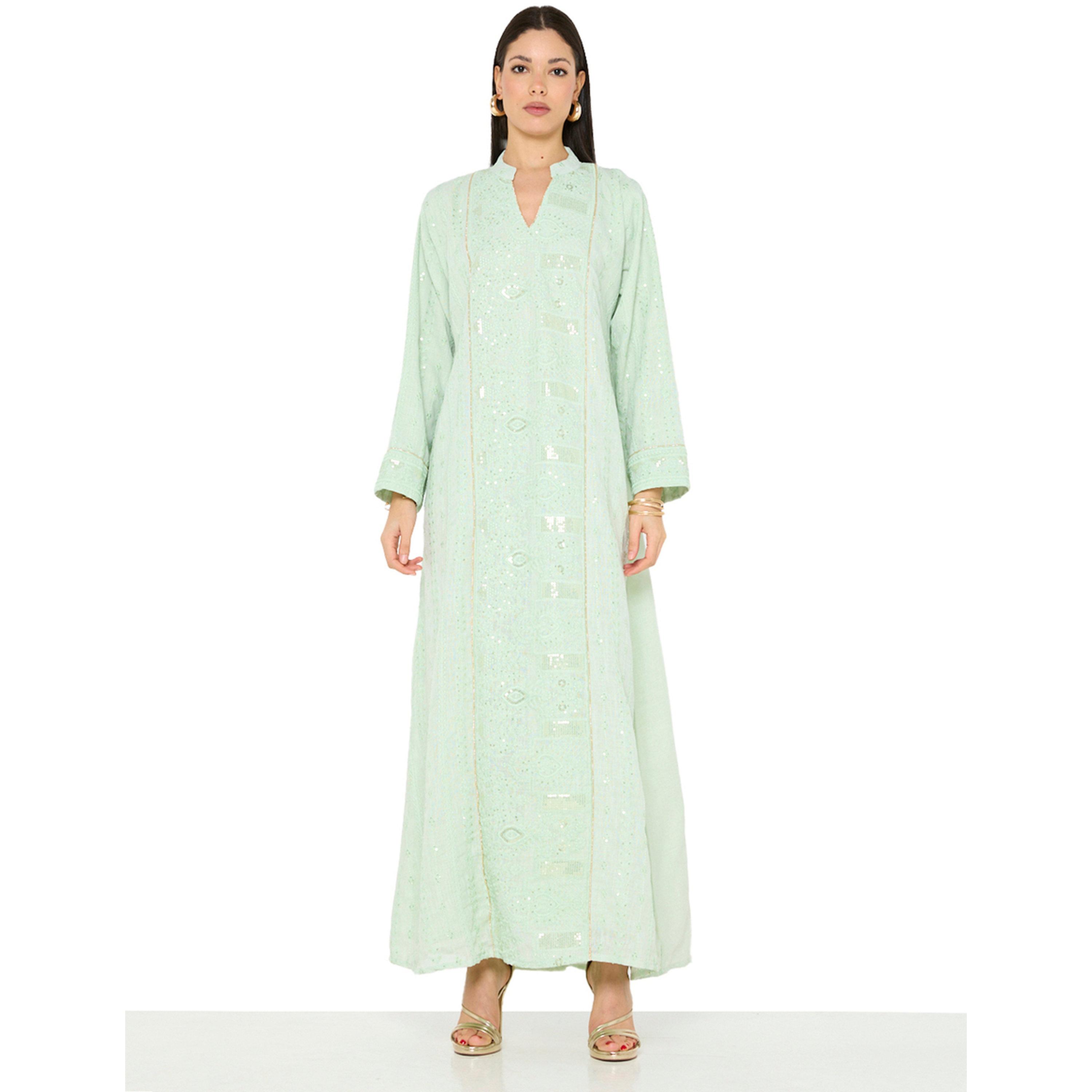 Thouq X Styli Green A-Line Maxi Jalabiya with Embroidery-women-arabicclothing-jalabiyas-image-1