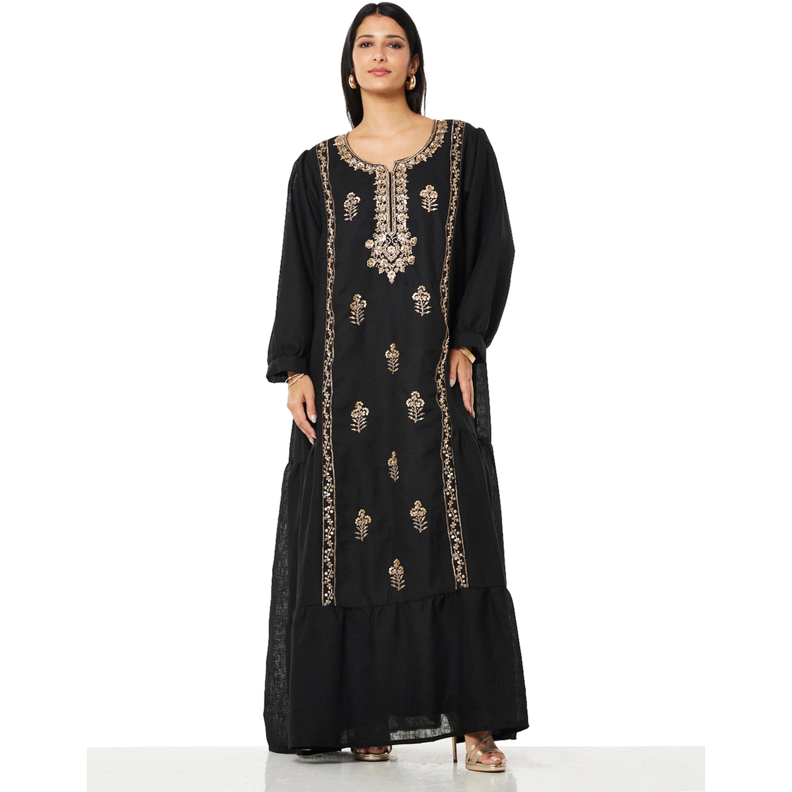 Thouq X Styli Black A-Line Maxi Kaftan with Gold Embroidery-women-arabicclothing-kaftan-image-1