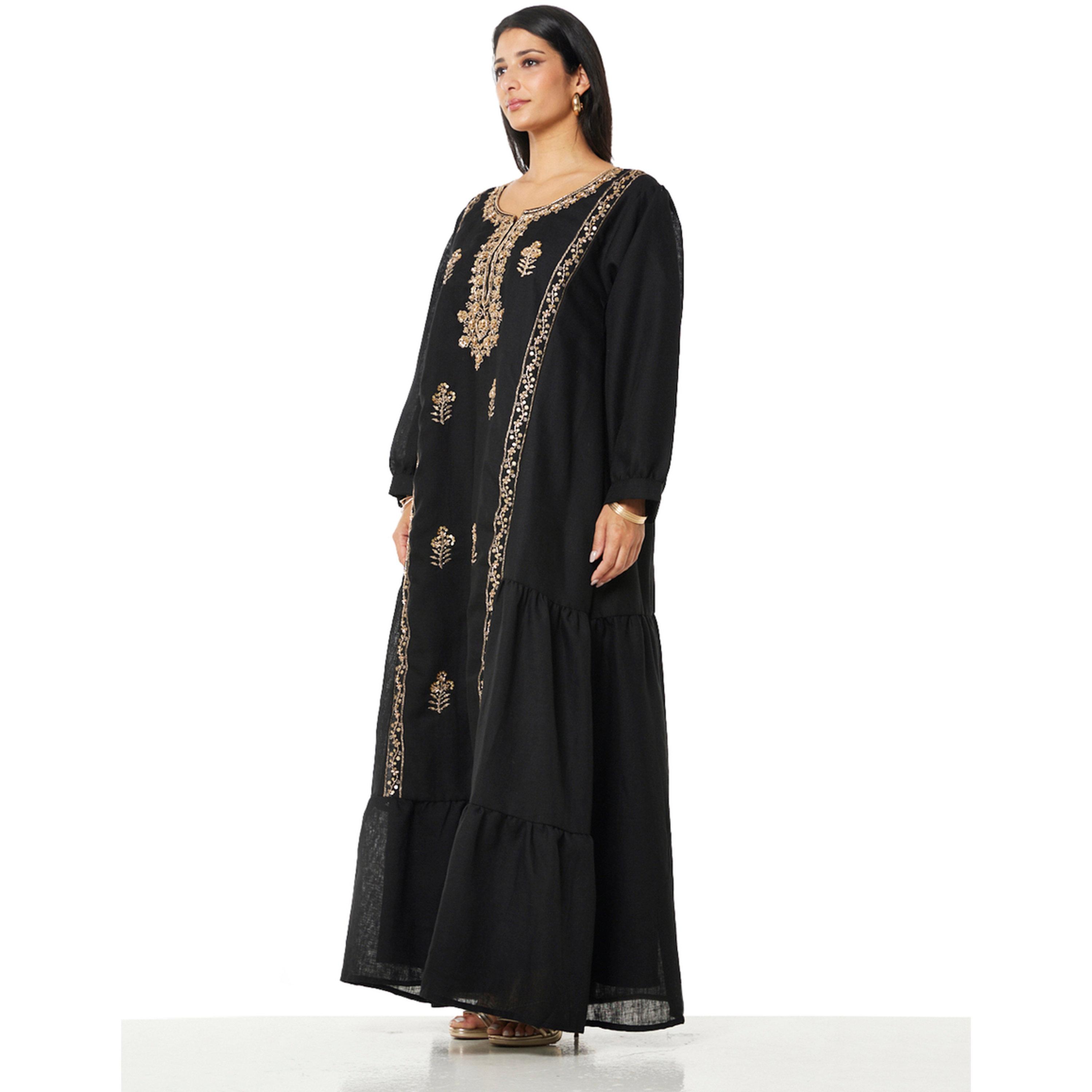 Thouq X Styli Black A-Line Maxi Kaftan with Gold Embroidery-women-arabicclothing-kaftan-image-2