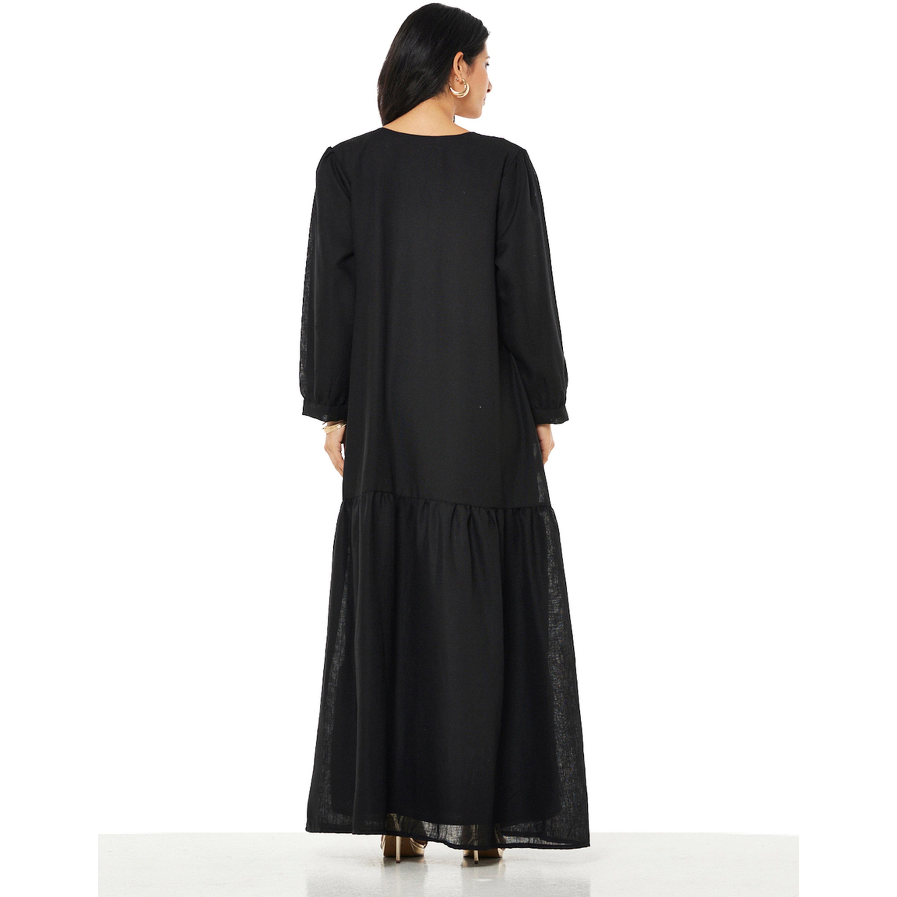 Thouq X Styli Black A-Line Maxi Kaftan with Gold Embroidery-women-arabicclothing-kaftan-image-3