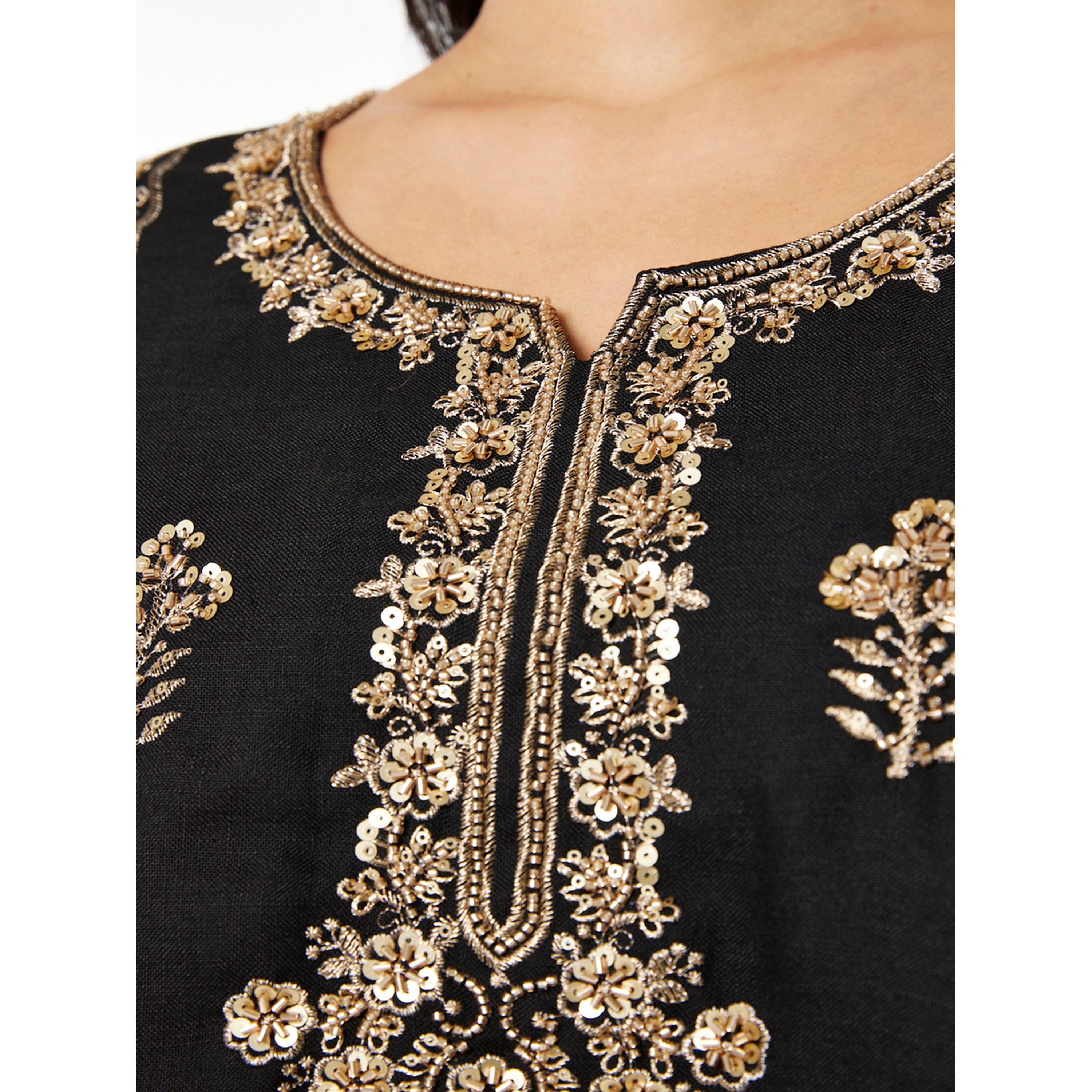 Thouq X Styli Black A-Line Maxi Kaftan with Gold Embroidery-women-arabicclothing-kaftan-image-4