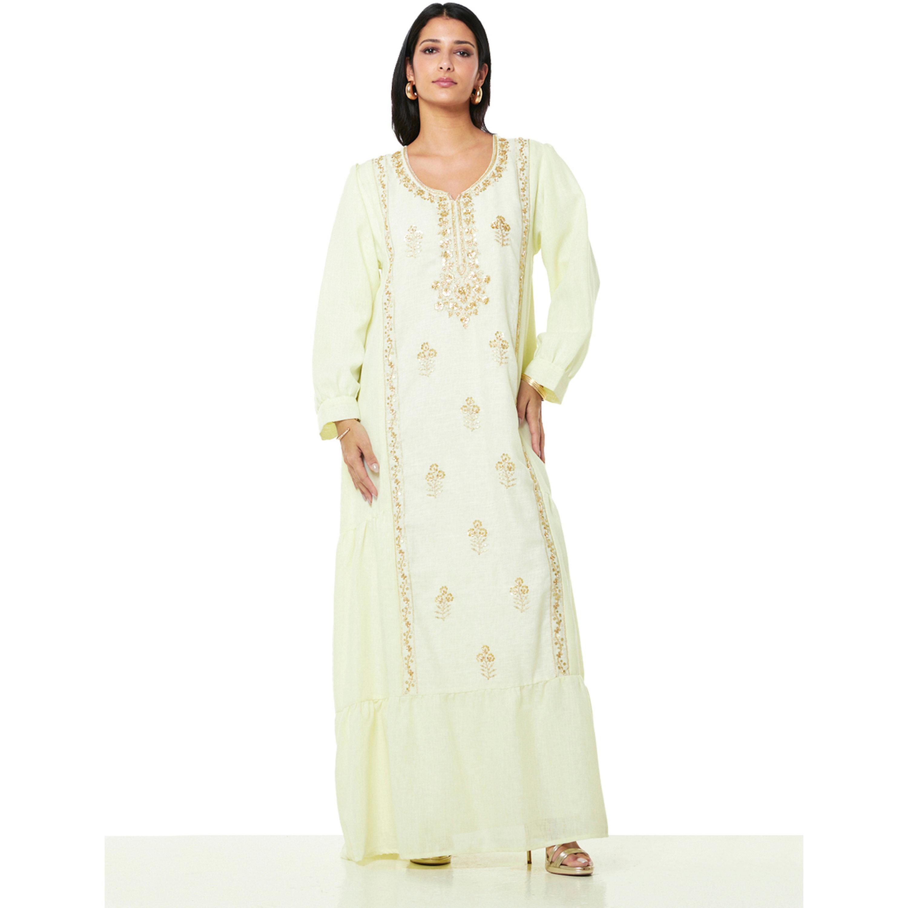 Thouq X Styli Cream A-Line Maxi Jalabiya with Gold Embroidery-women-arabicclothing-jalabiyas-image-1