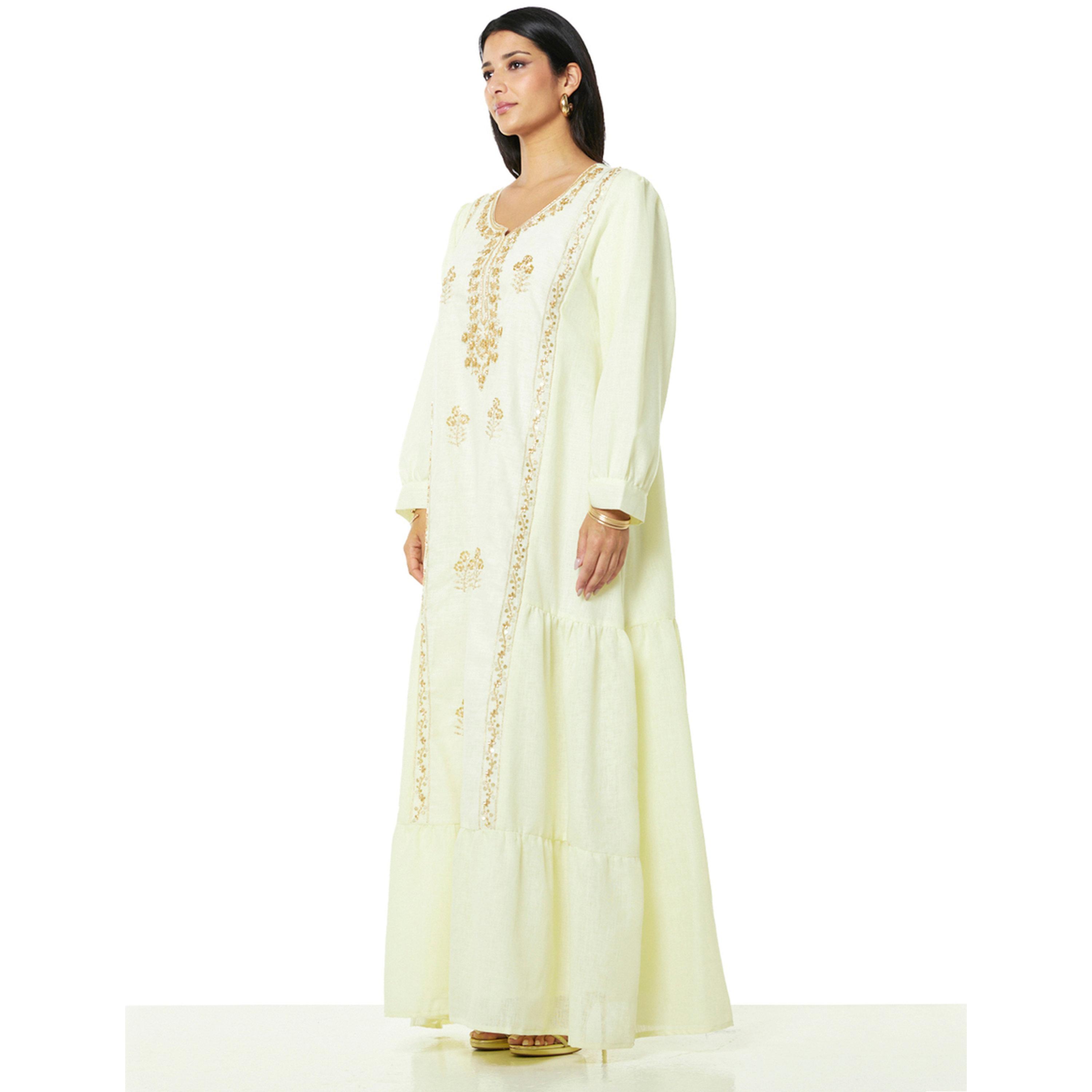 Thouq X Styli Cream A-Line Maxi Jalabiya with Gold Embroidery-women-arabicclothing-jalabiyas-image-2