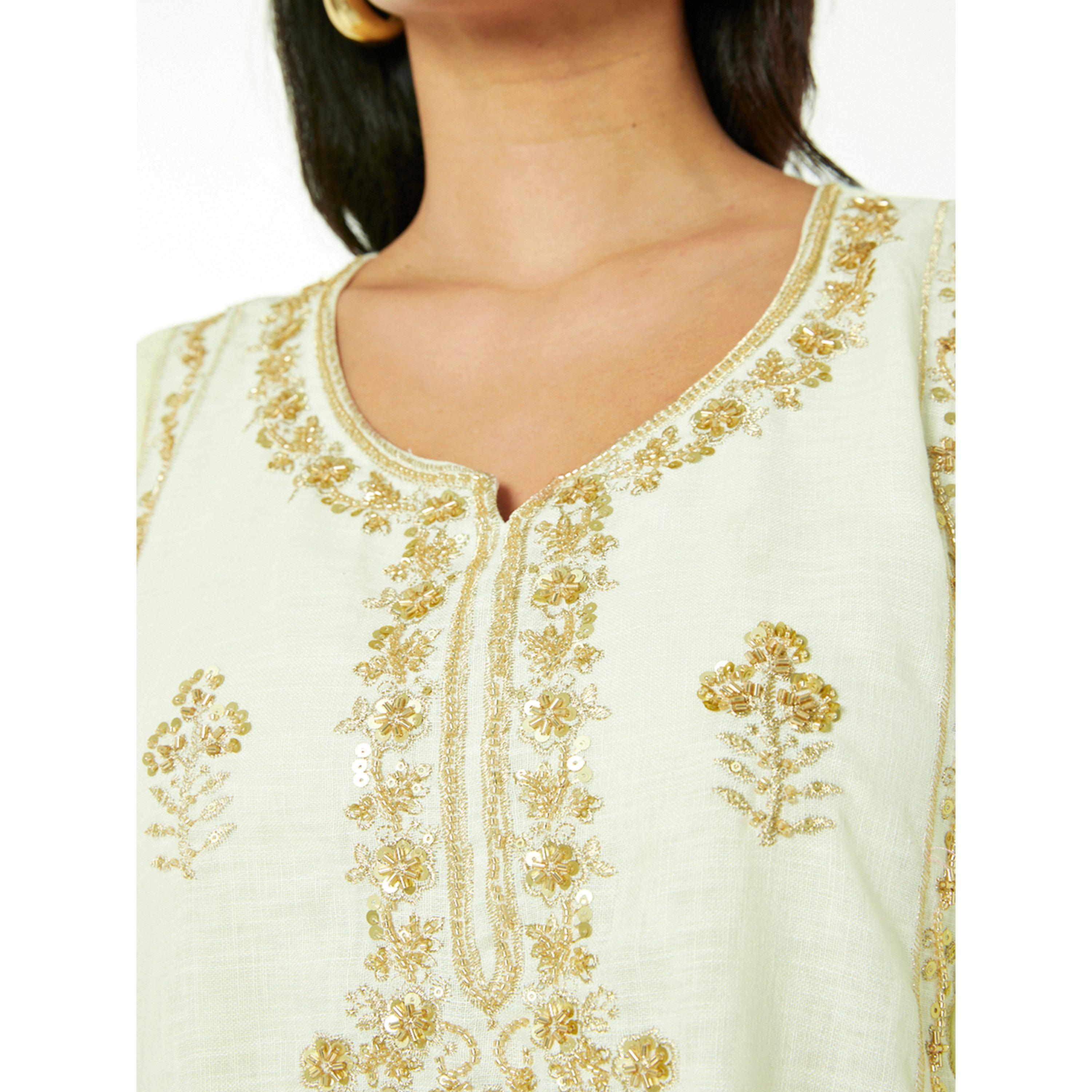 Thouq X Styli Cream A-Line Maxi Jalabiya with Gold Embroidery-women-arabicclothing-jalabiyas-image-4