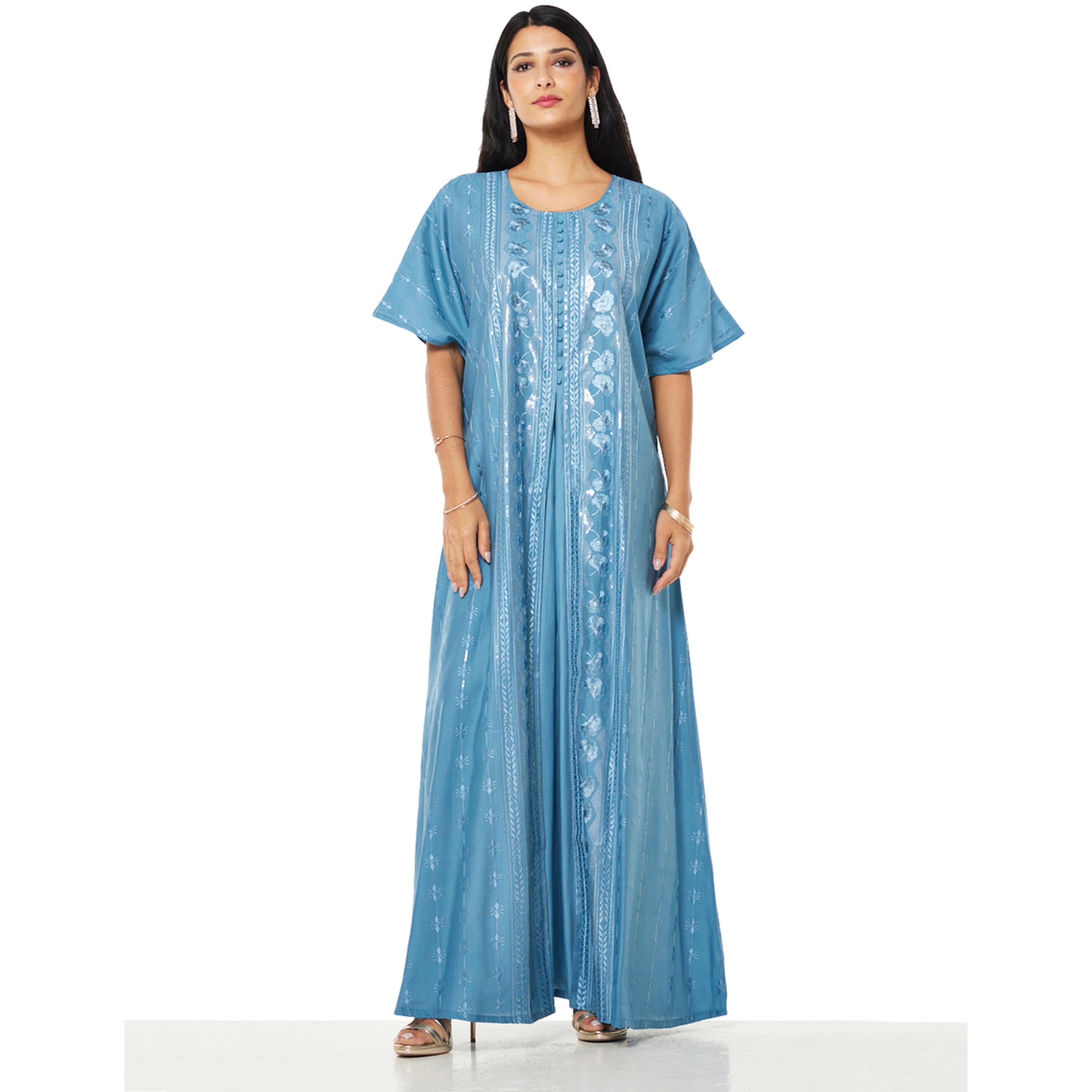 Thouq X Styli Blue Embroidered A-Line Maxi Jalabiya-women-arabicclothing-jalabiyas-image-1