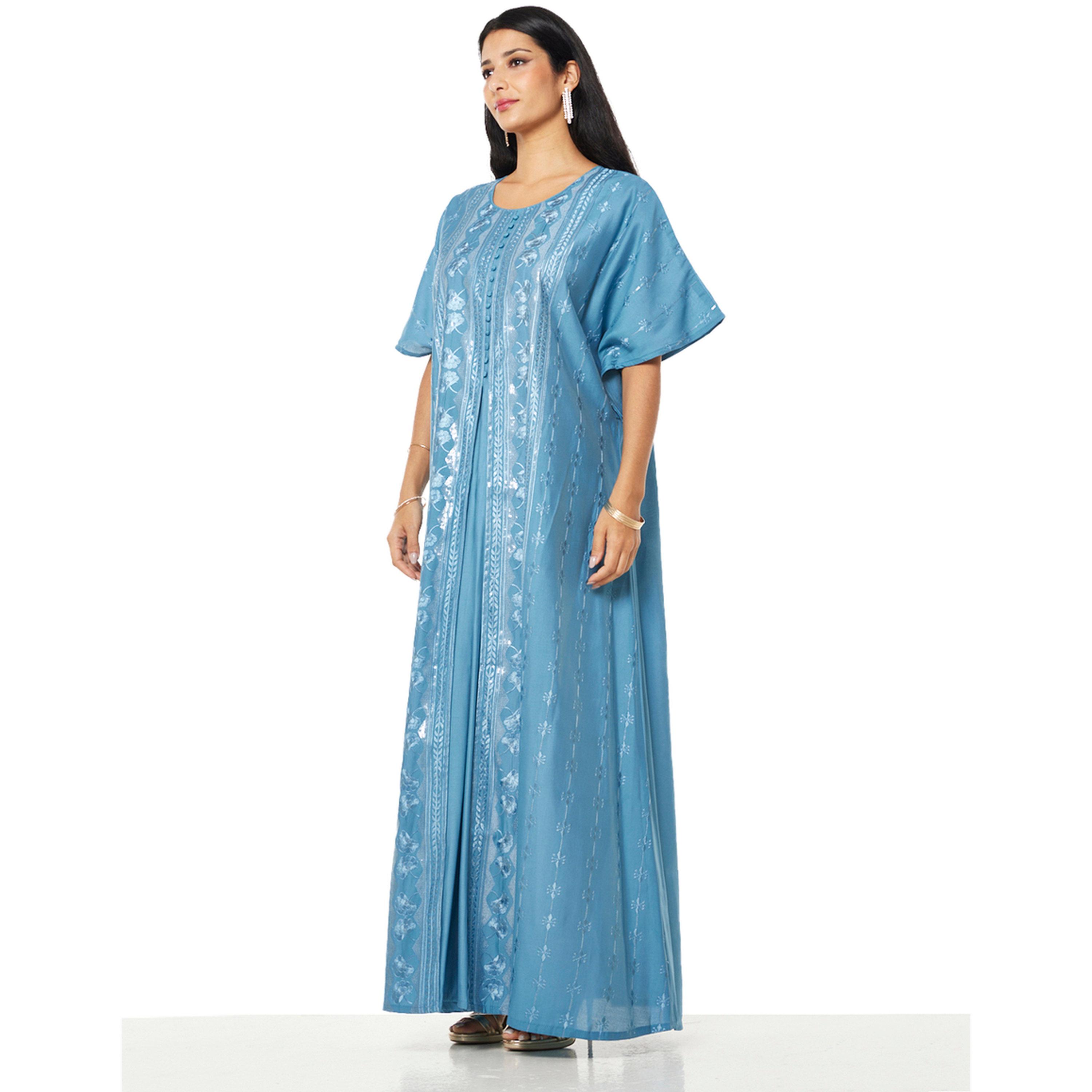 Thouq X Styli Blue Embroidered A-Line Maxi Jalabiya-women-arabicclothing-jalabiyas-image-2