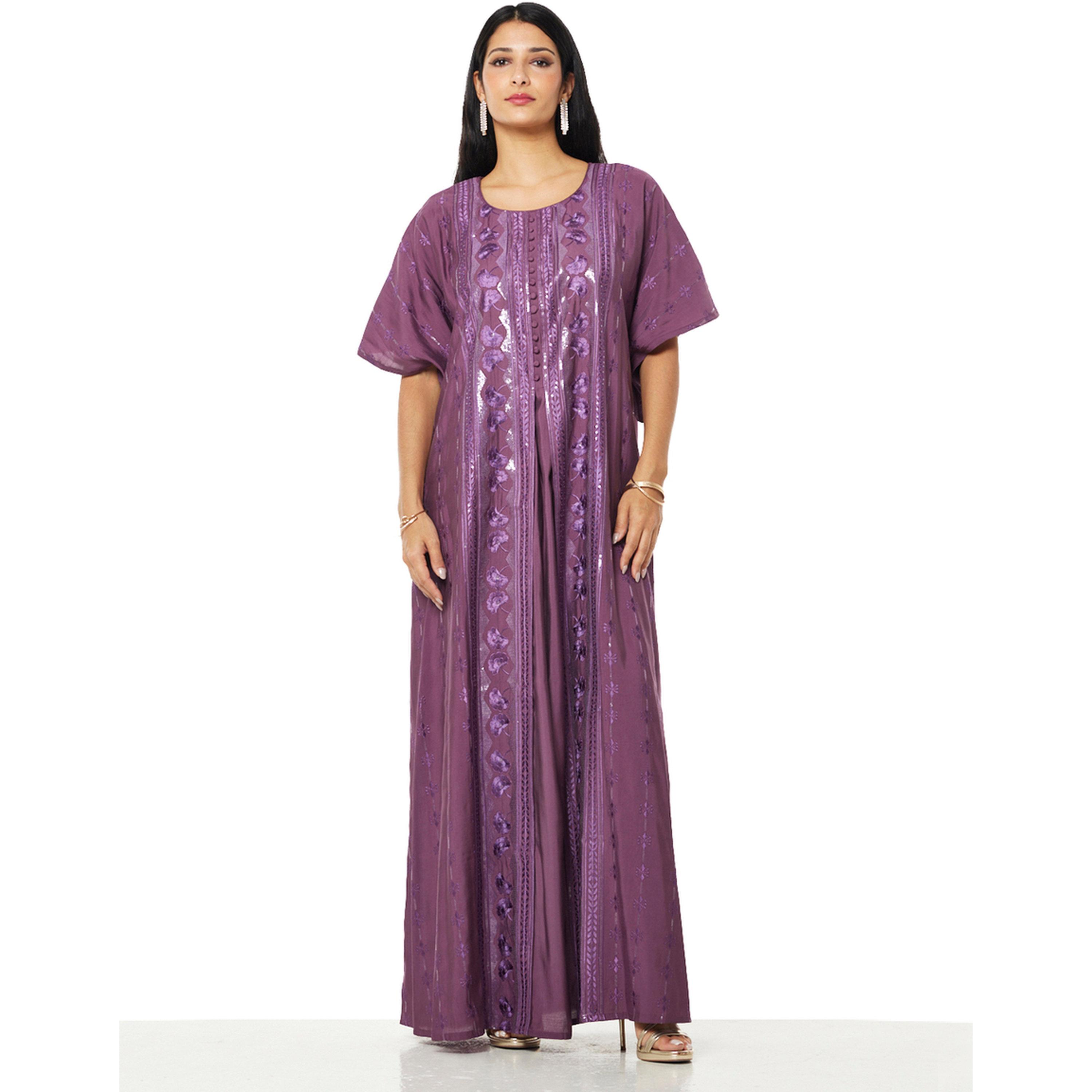 Thouq X Styli Regal Violet Embroidered A-Line Maxi Jalabiya-women-arabicclothing-jalabiyas-image-1