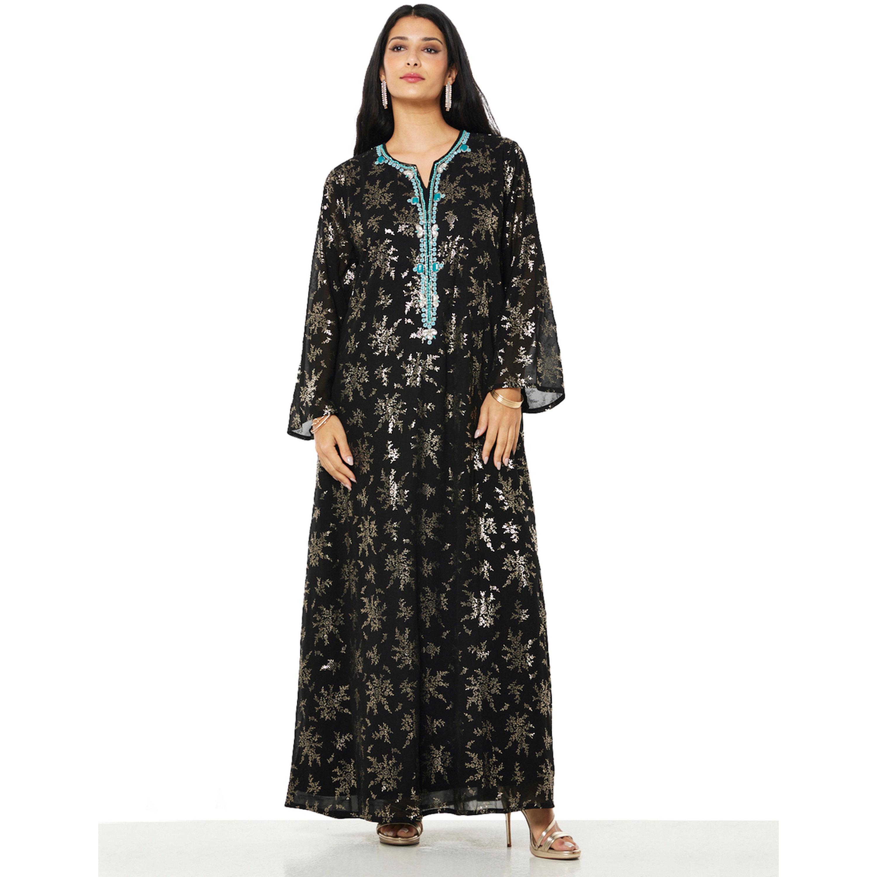 Thouq X Styli Black and Gold A-Line Maxi Jalabiya-women-arabicclothing-jalabiyas-image-1