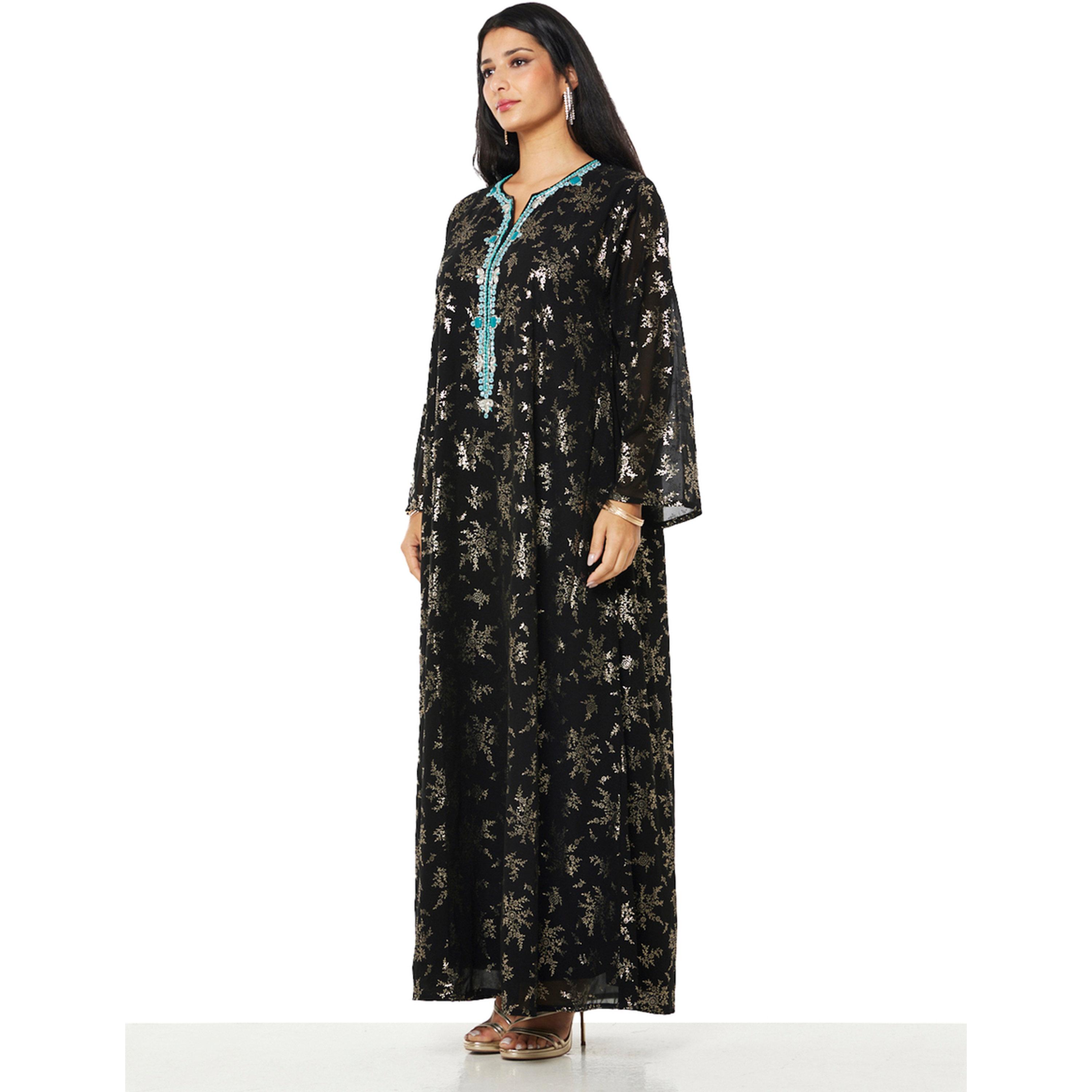 Thouq X Styli Black and Gold A-Line Maxi Jalabiya-women-arabicclothing-jalabiyas-image-2