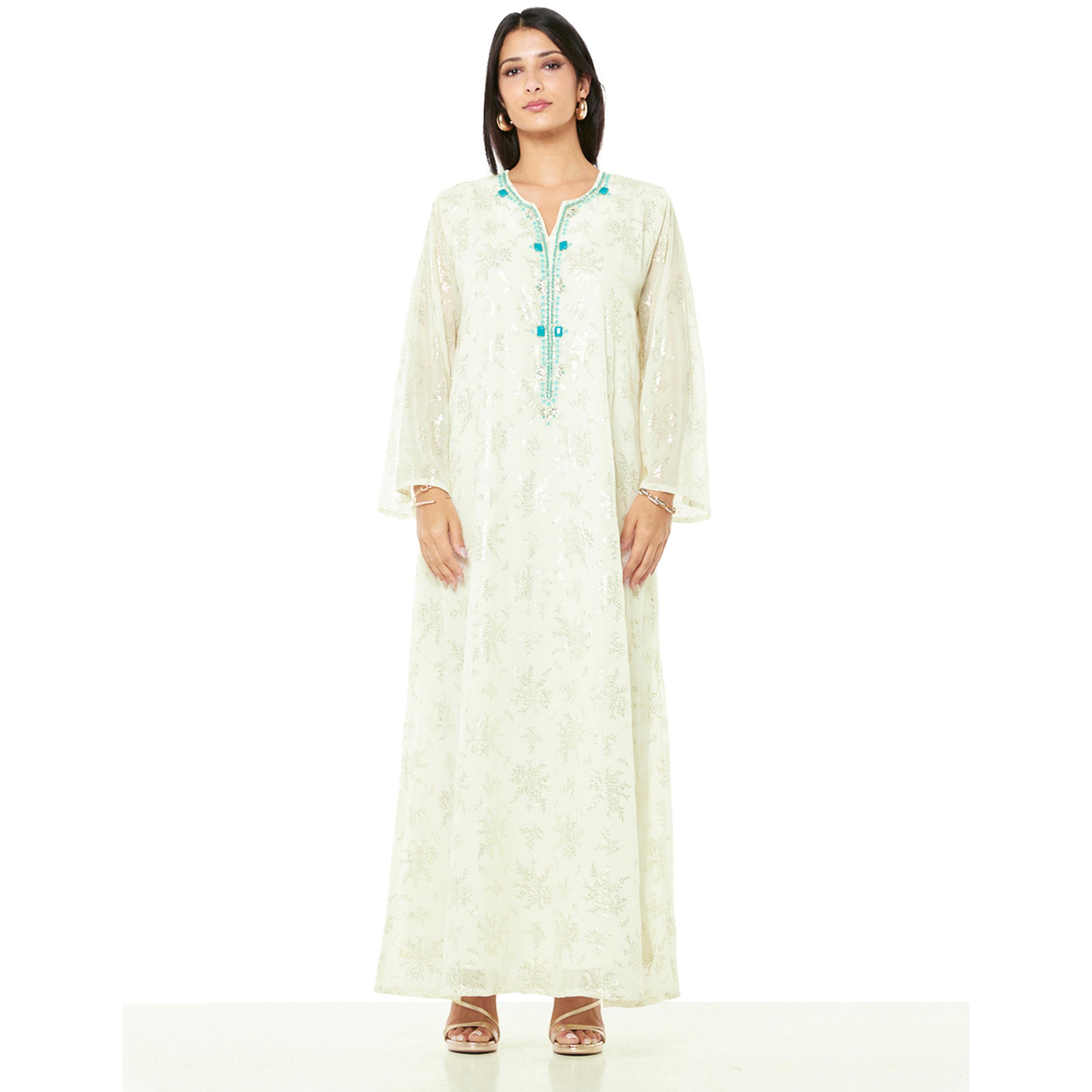 Thouq X Styli Cream A-Line Maxi Jalabiya with Aqua Embellishment-women-arabicclothing-jalabiyas-image-1