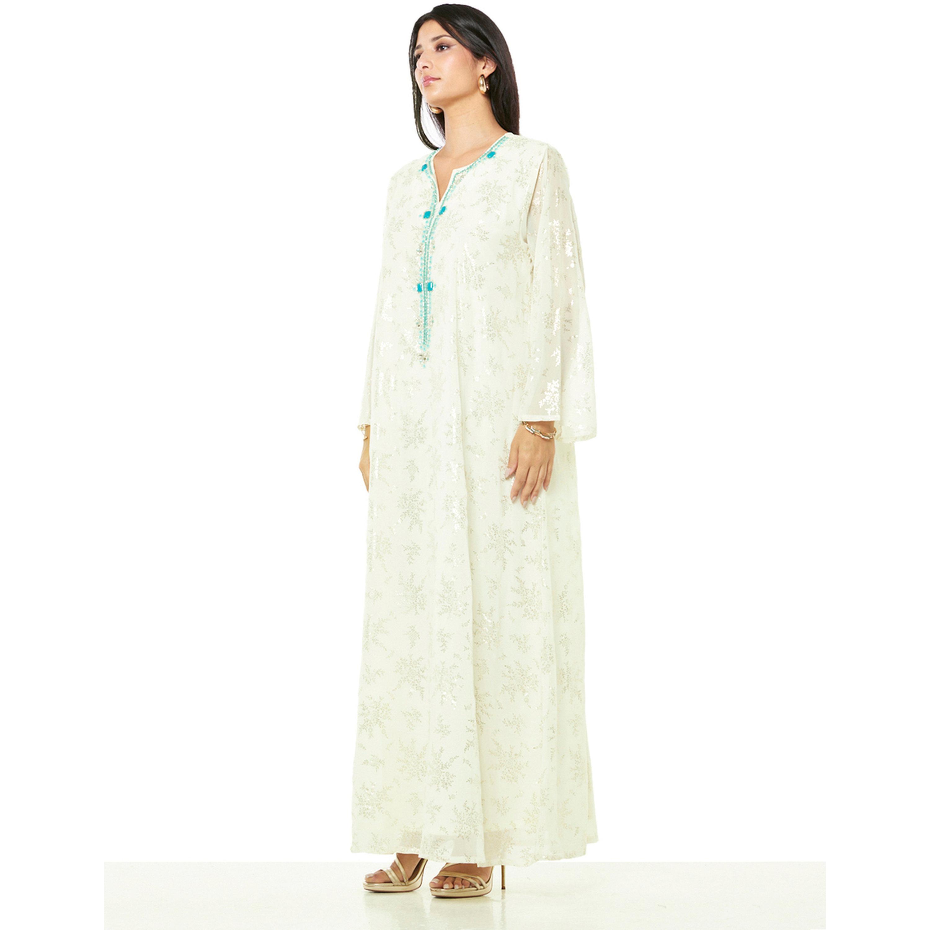 Thouq X Styli Cream A-Line Maxi Jalabiya with Aqua Embellishment-women-arabicclothing-jalabiyas-image-2