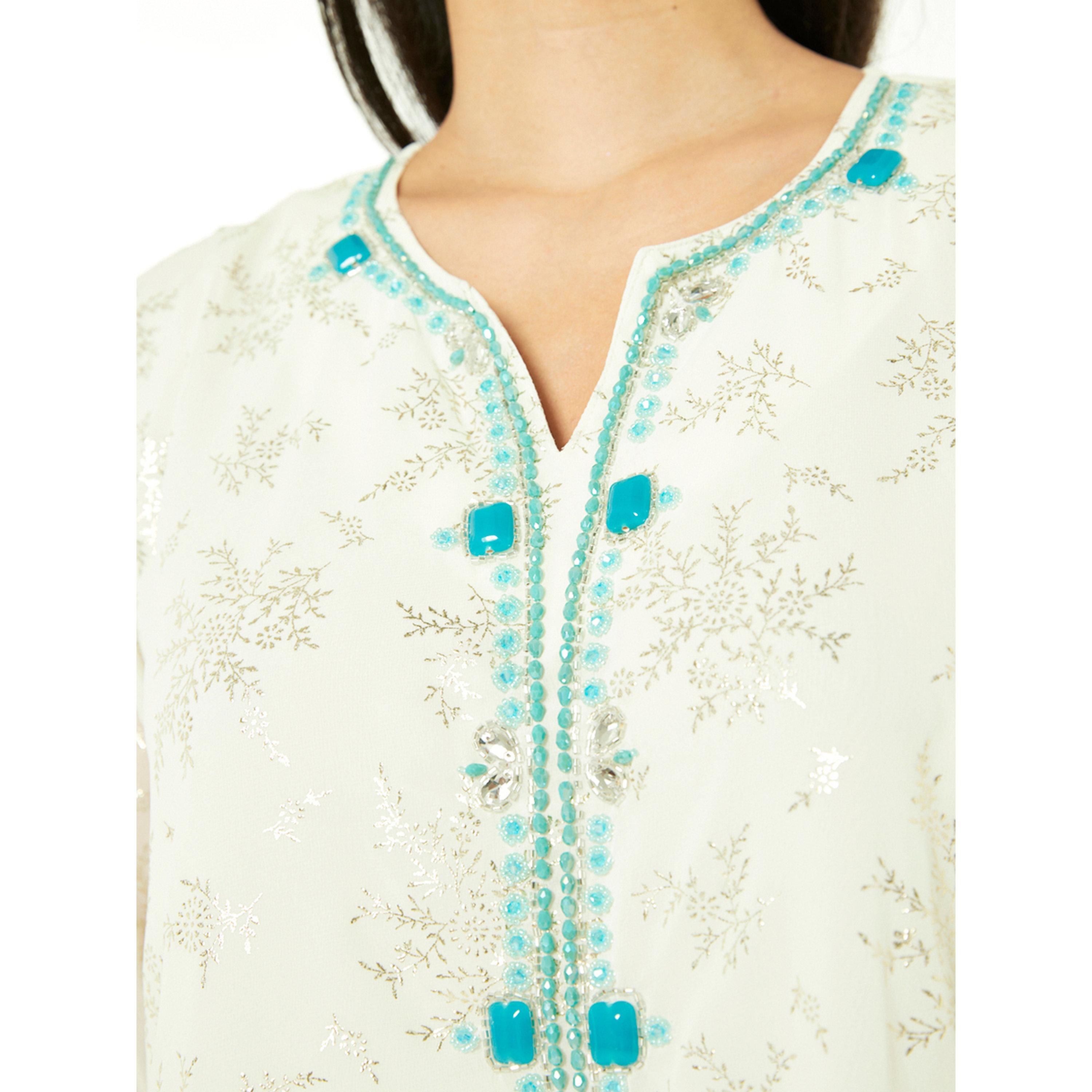 Thouq X Styli Cream A-Line Maxi Jalabiya with Aqua Embellishment-women-arabicclothing-jalabiyas-image-4