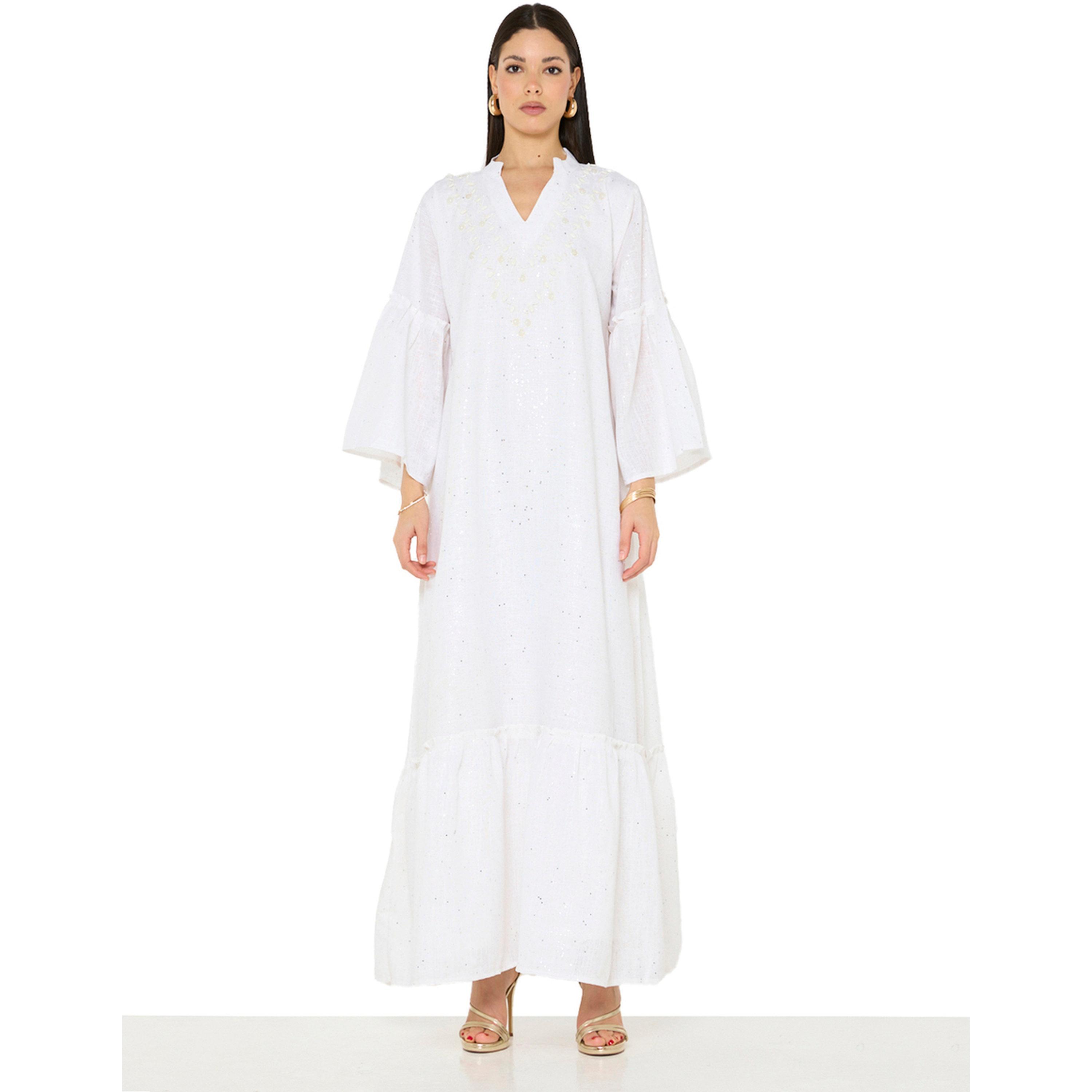 Thouq X Styli White A-Line Maxi Jalabiya with Pearl Embellishment-women-arabicclothing-jalabiyas-image-1