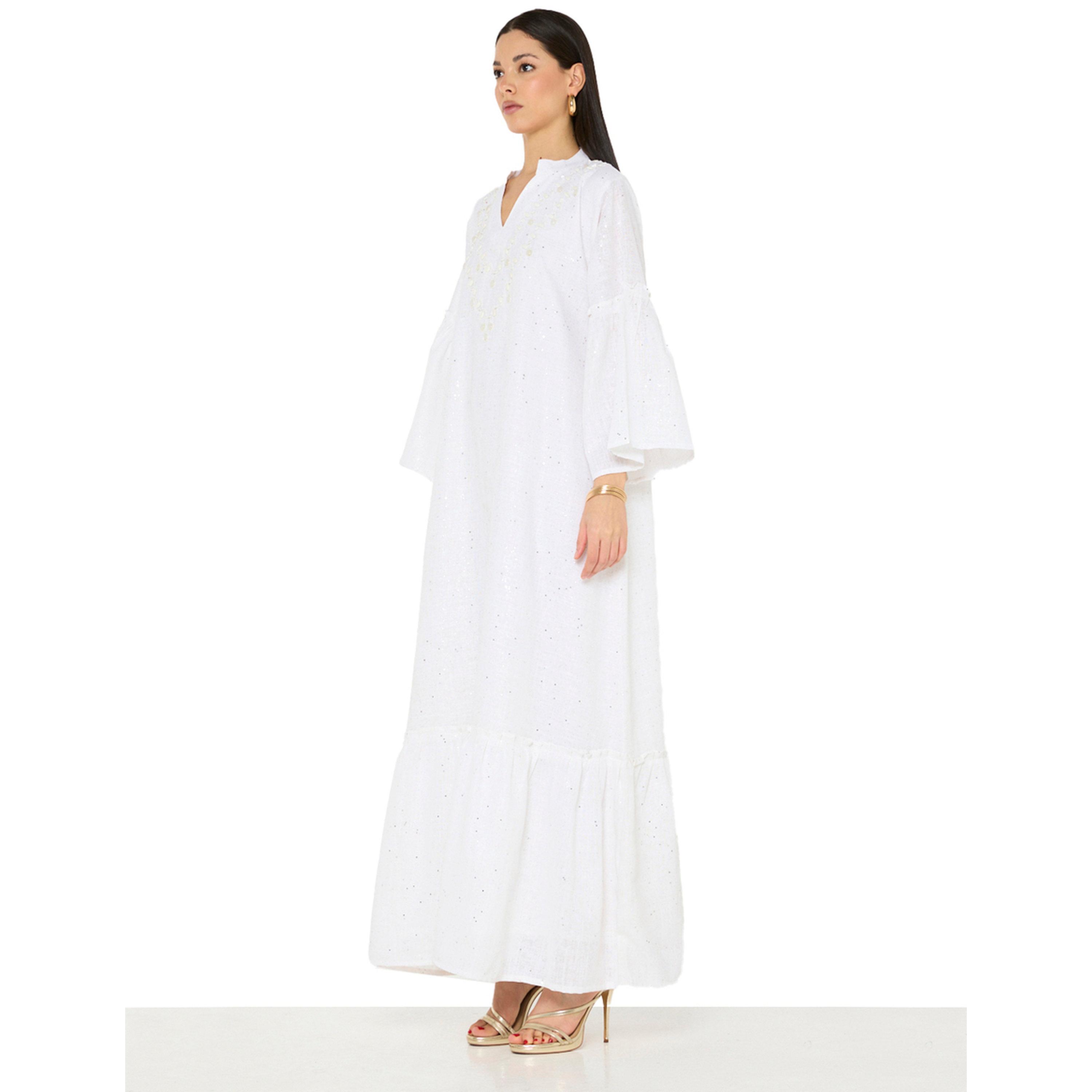 Thouq X Styli White A-Line Maxi Jalabiya with Pearl Embellishment-women-arabicclothing-jalabiyas-image-2