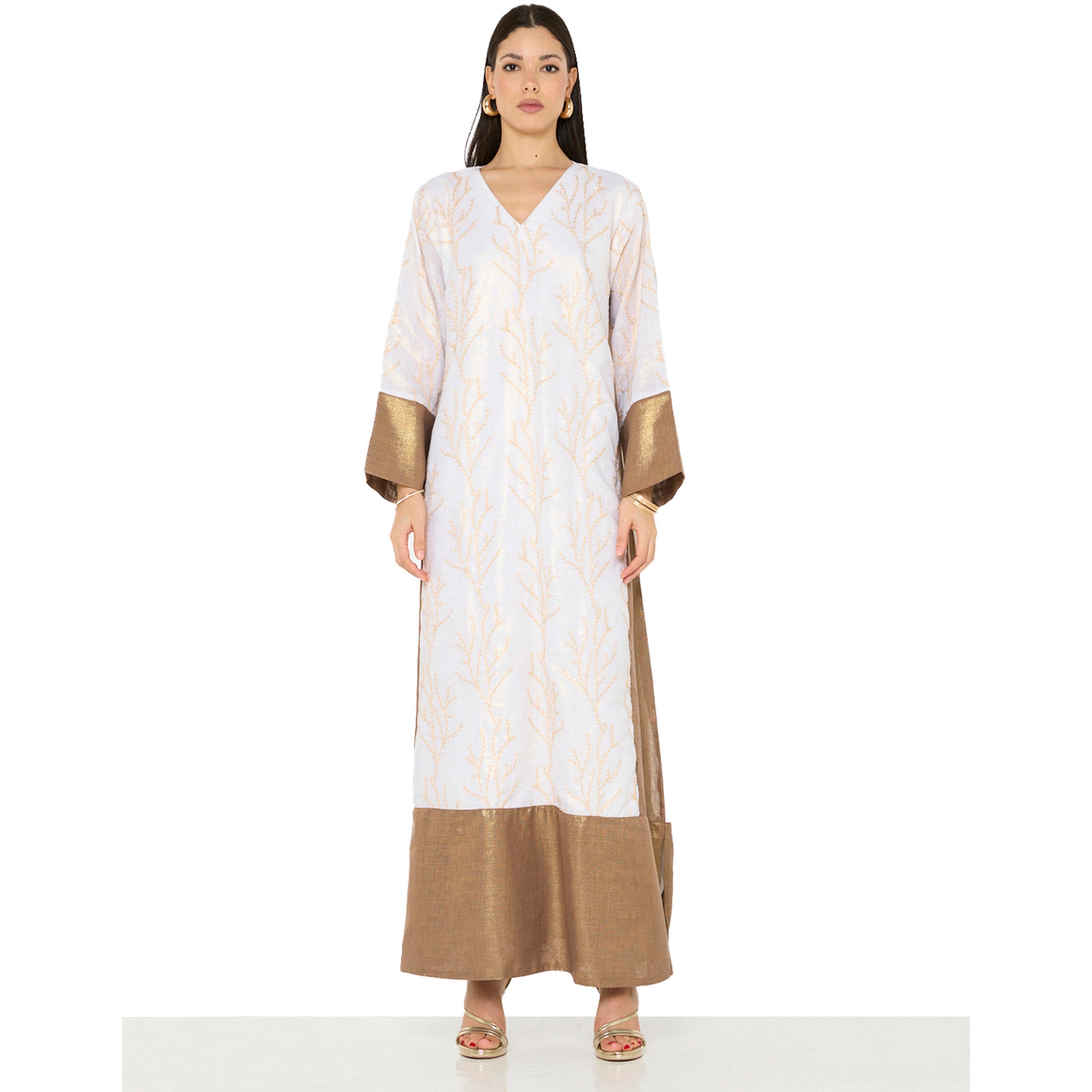جلابية طويلة بحافة واسعة بتطريز ذهبي بلون بيج-women-arabicclothing-jalabiyas-image-1