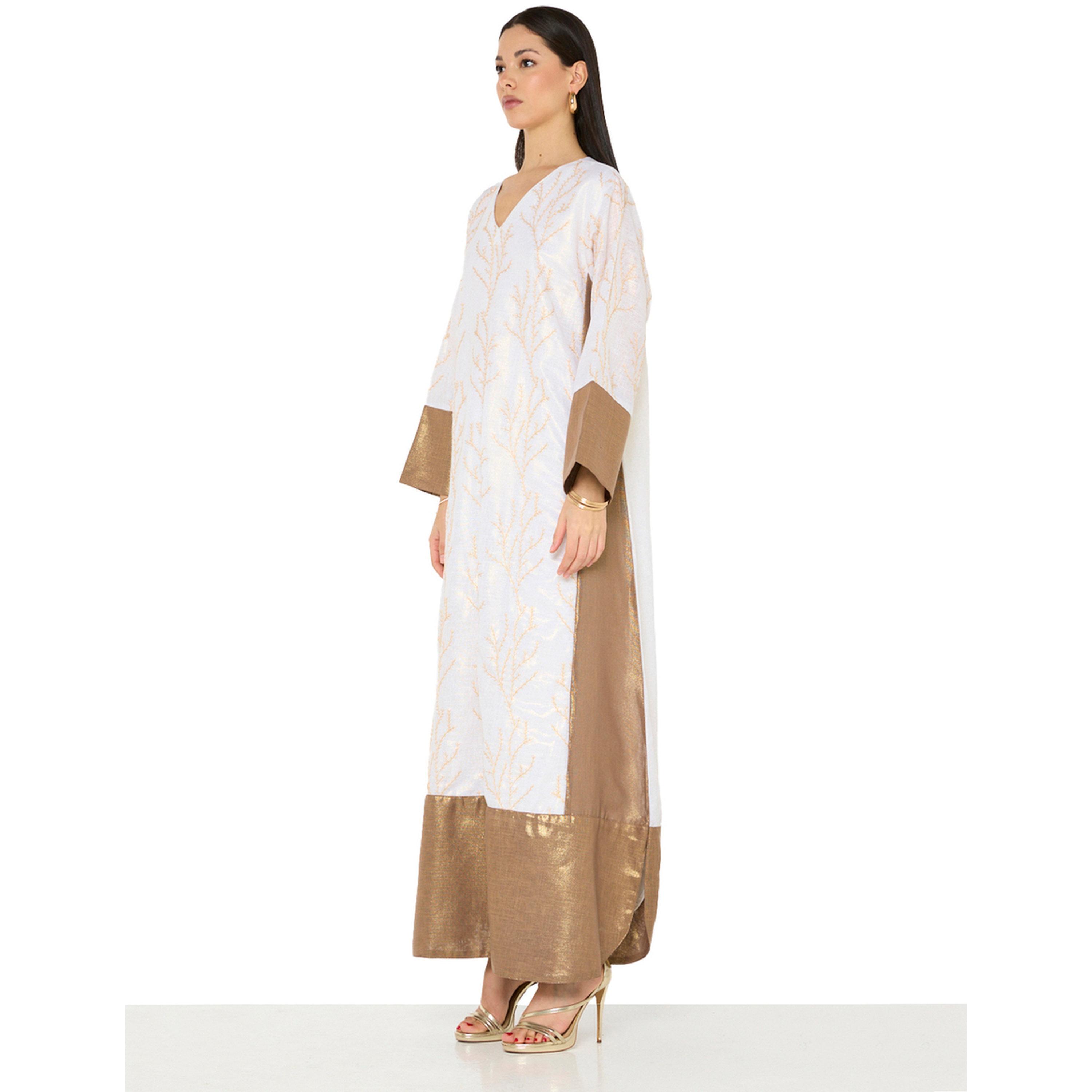جلابية طويلة بحافة واسعة بتطريز ذهبي بلون بيج-women-arabicclothing-jalabiyas-image-2