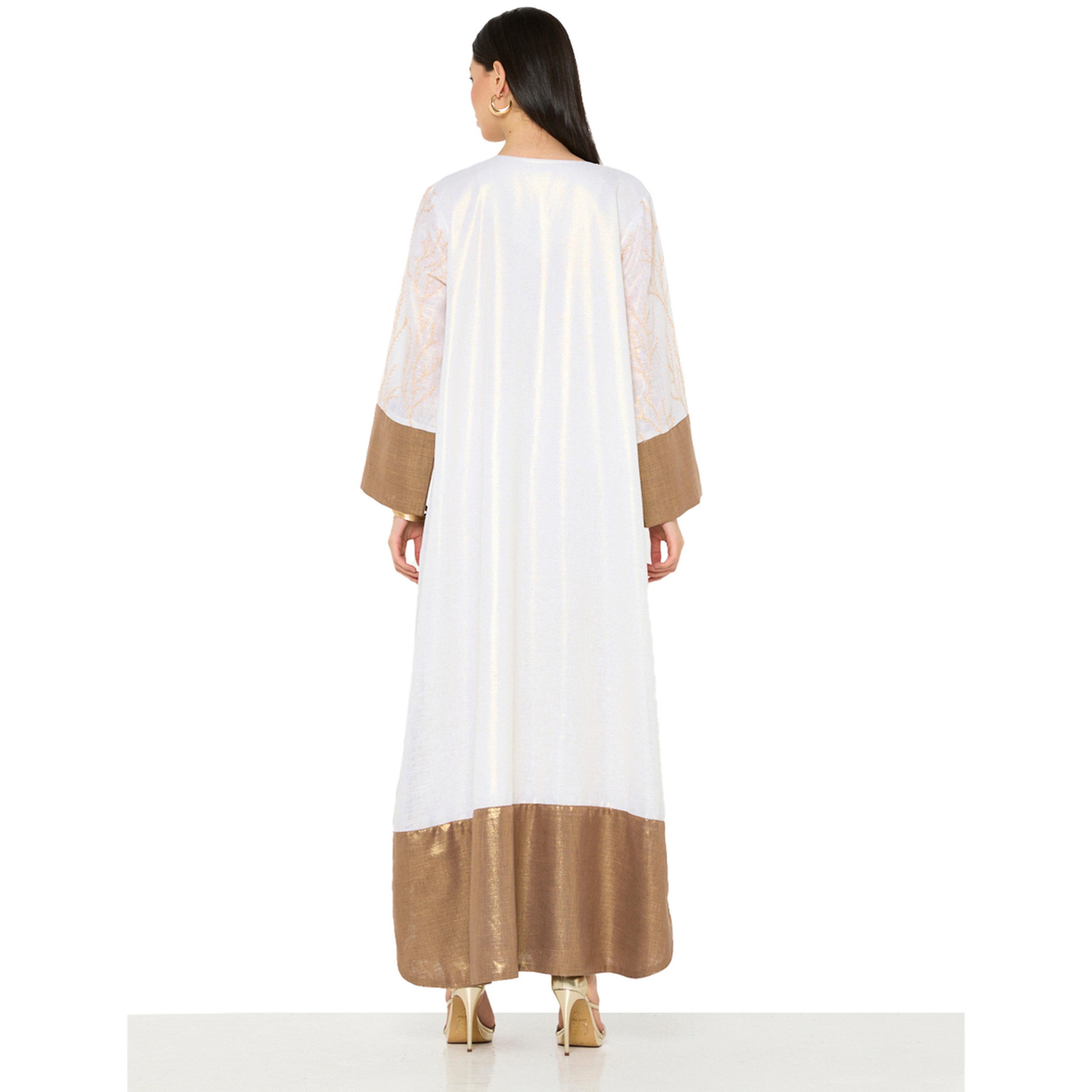 جلابية طويلة بحافة واسعة بتطريز ذهبي بلون بيج-women-arabicclothing-jalabiyas-image-3