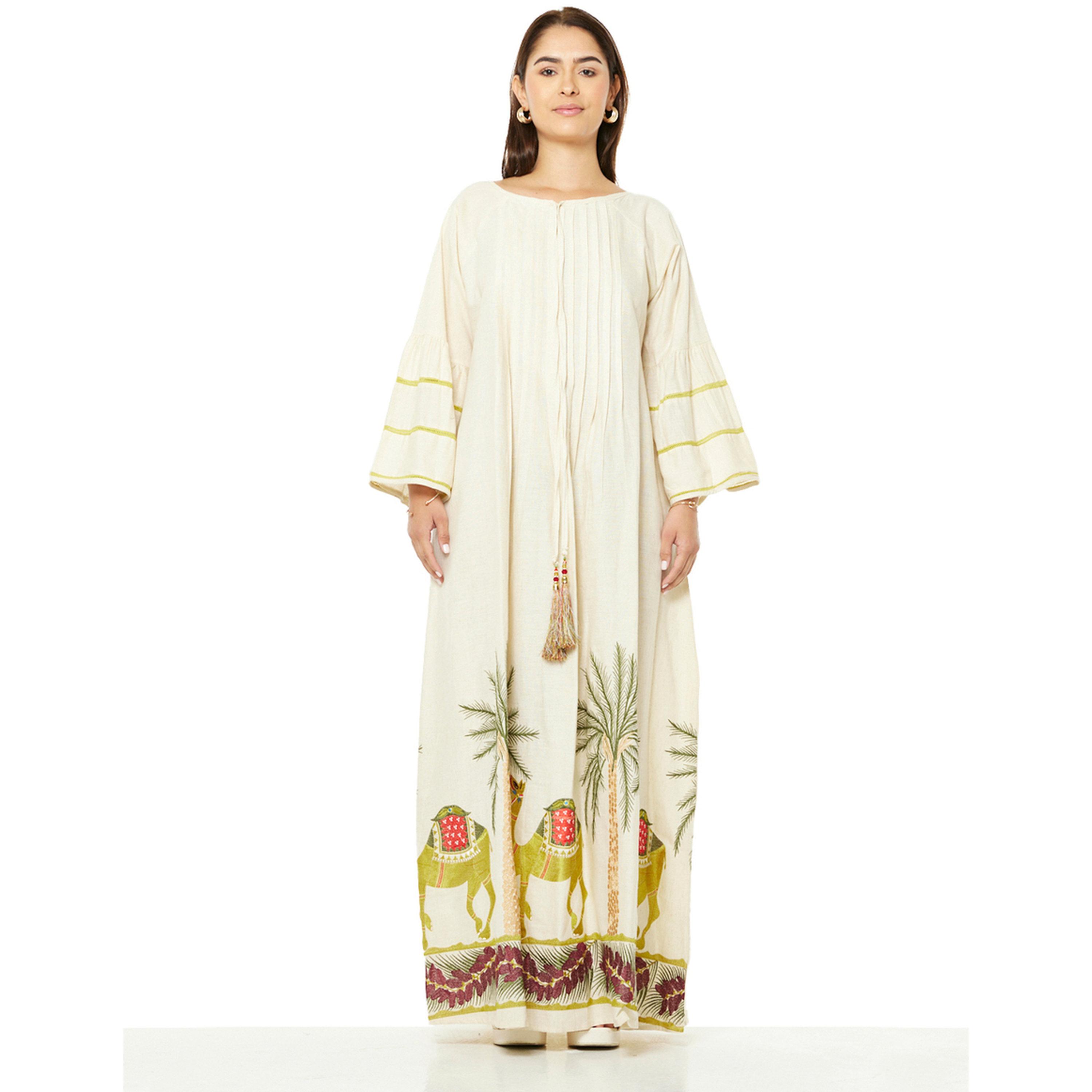 Thouq X Styli Beige A-Line Maxi Jalabiya with Desert Motifa-women-arabicclothing-jalabiyas-image-1