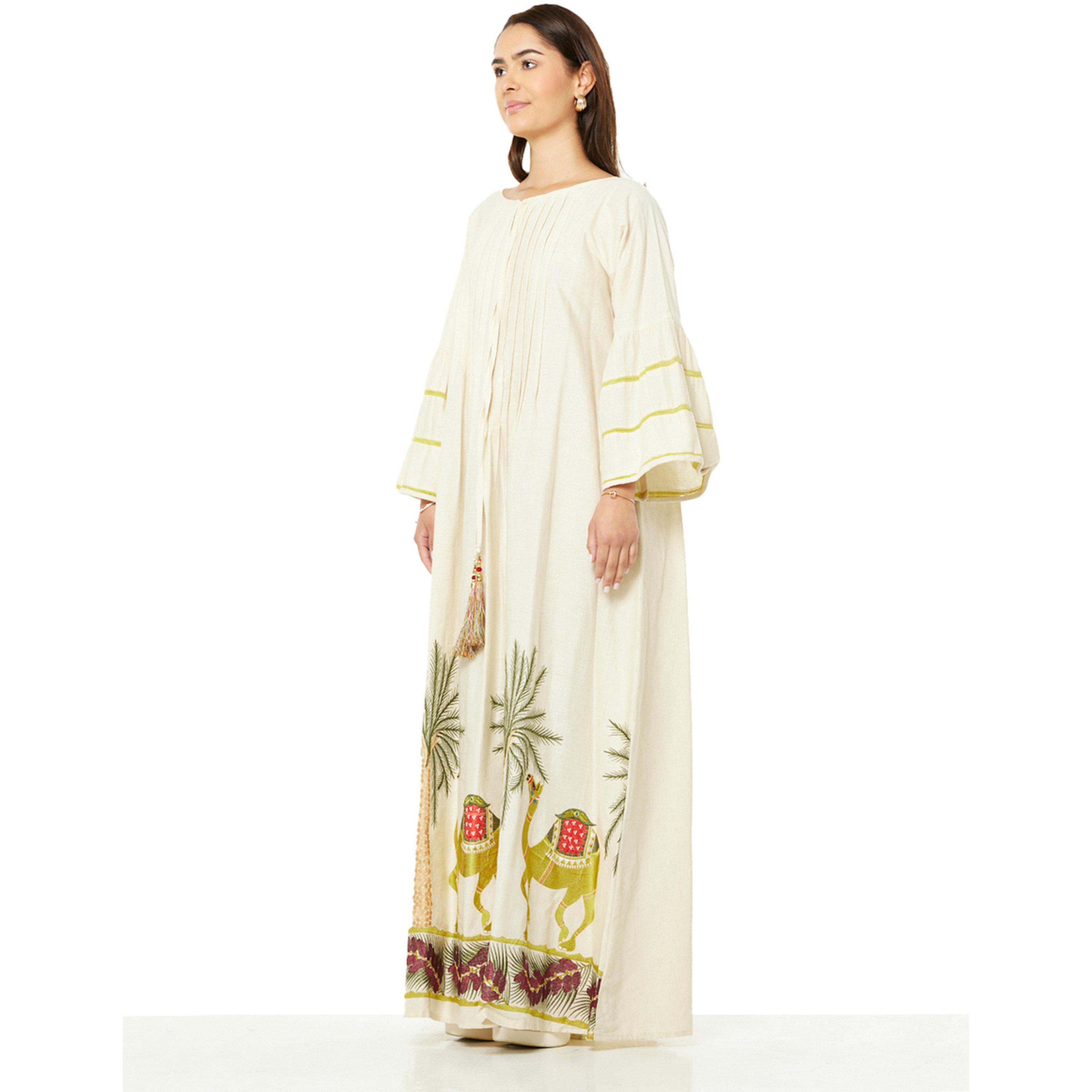 Thouq X Styli Beige A-Line Maxi Jalabiya with Desert Motifa-women-arabicclothing-jalabiyas-image-2