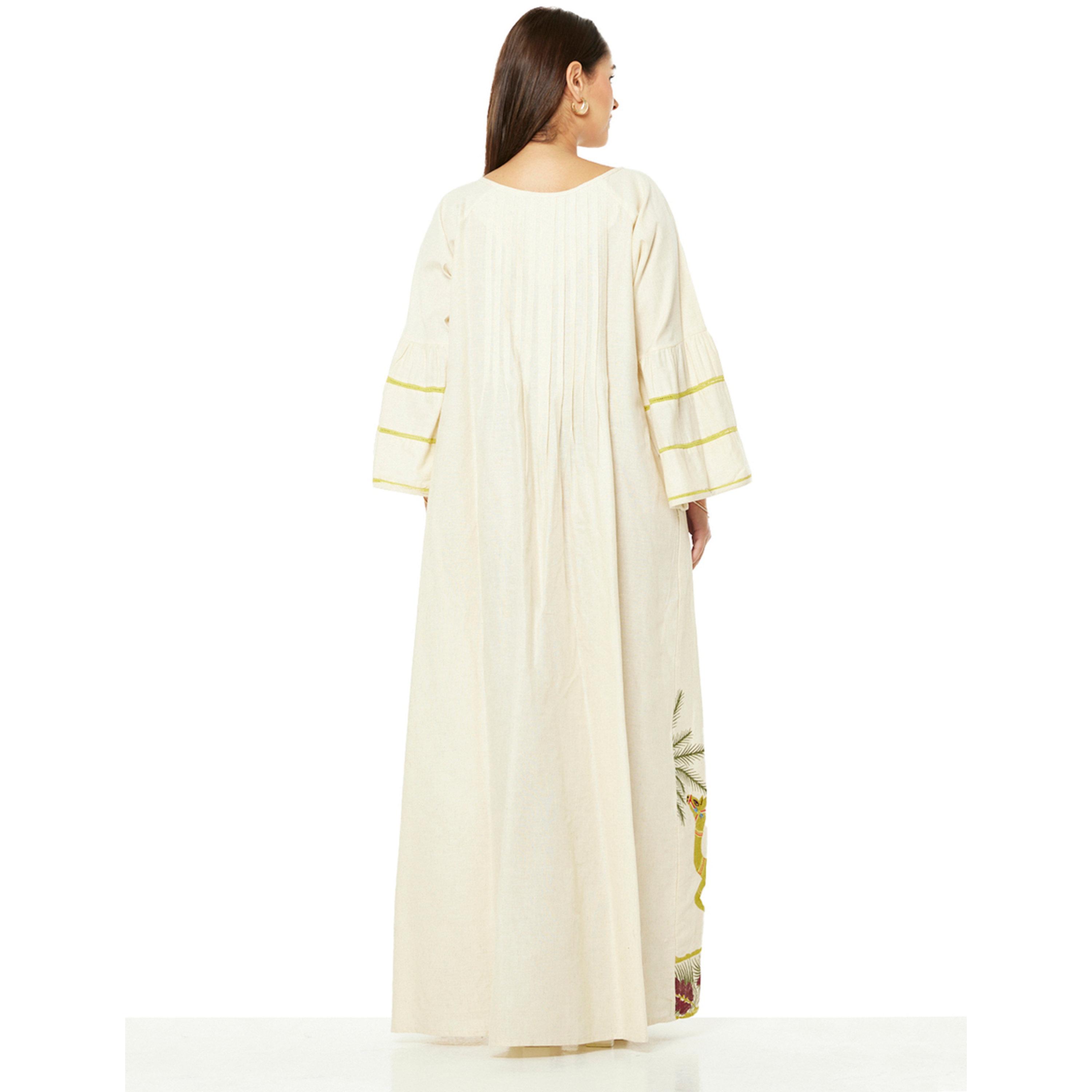 Thouq X Styli Beige A-Line Maxi Jalabiya with Desert Motifa-women-arabicclothing-jalabiyas-image-3