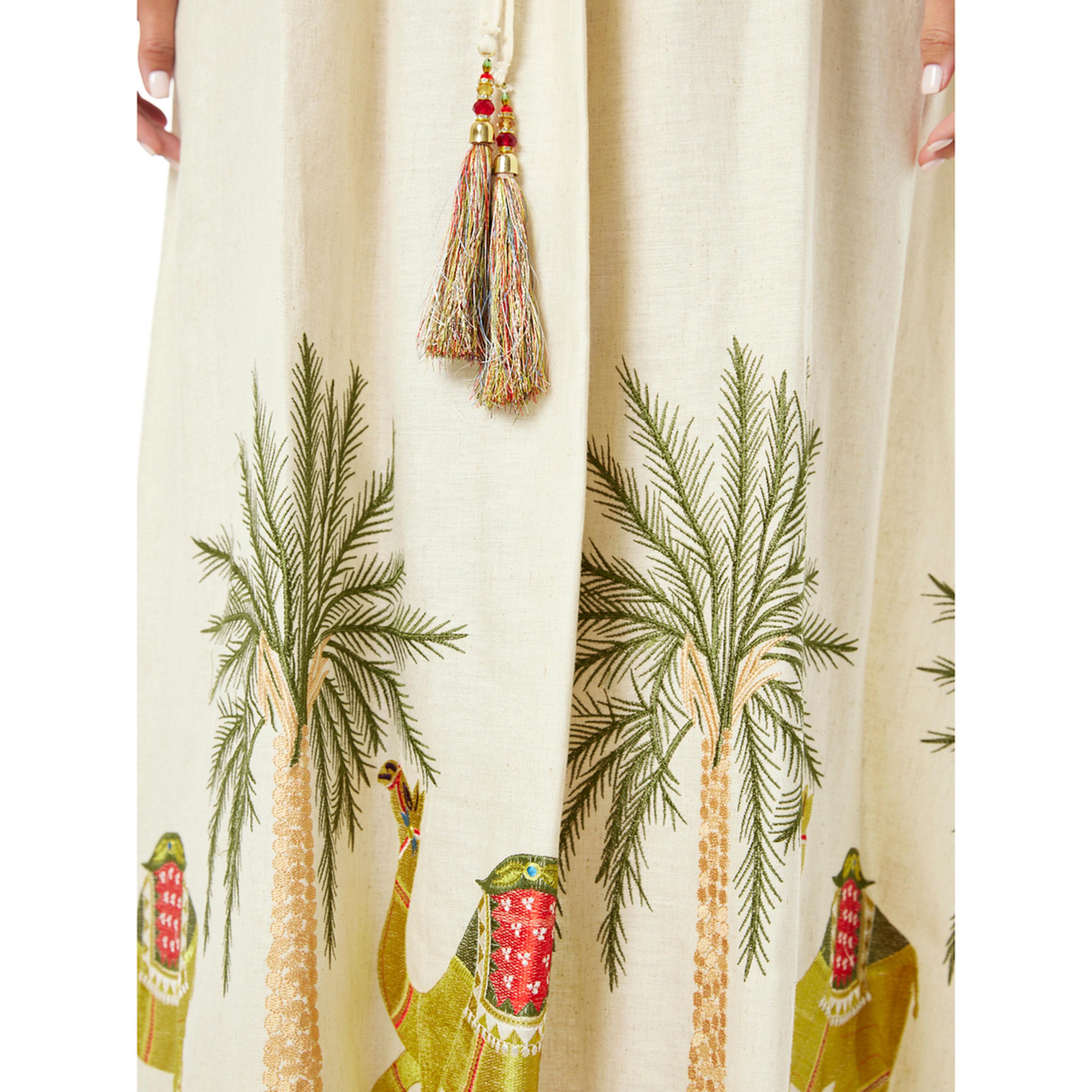 Thouq X Styli Beige A-Line Maxi Jalabiya with Desert Motifa-women-arabicclothing-jalabiyas-image-4