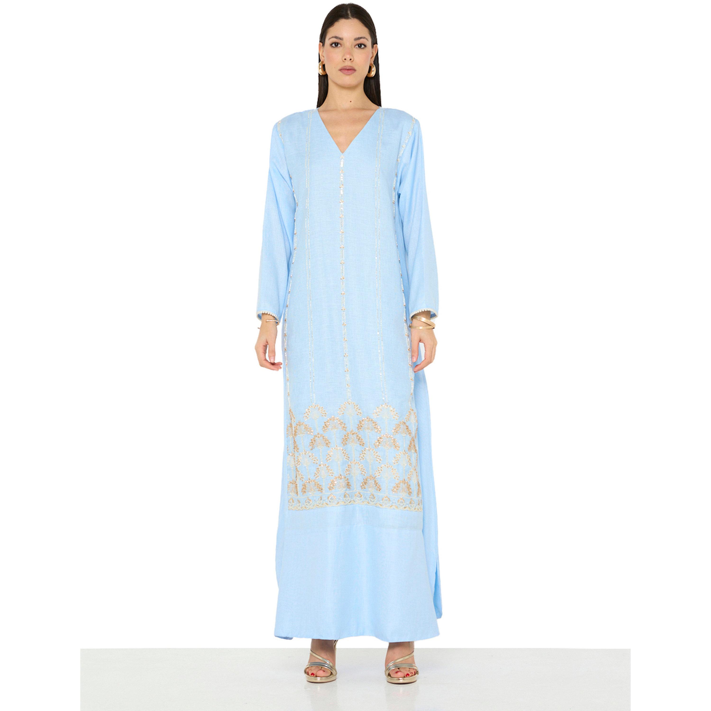 جلابية طويلة أزرق فاتح بحافة واسعة وتطريز ذهبي-women-arabicclothing-jalabiyas-image-1