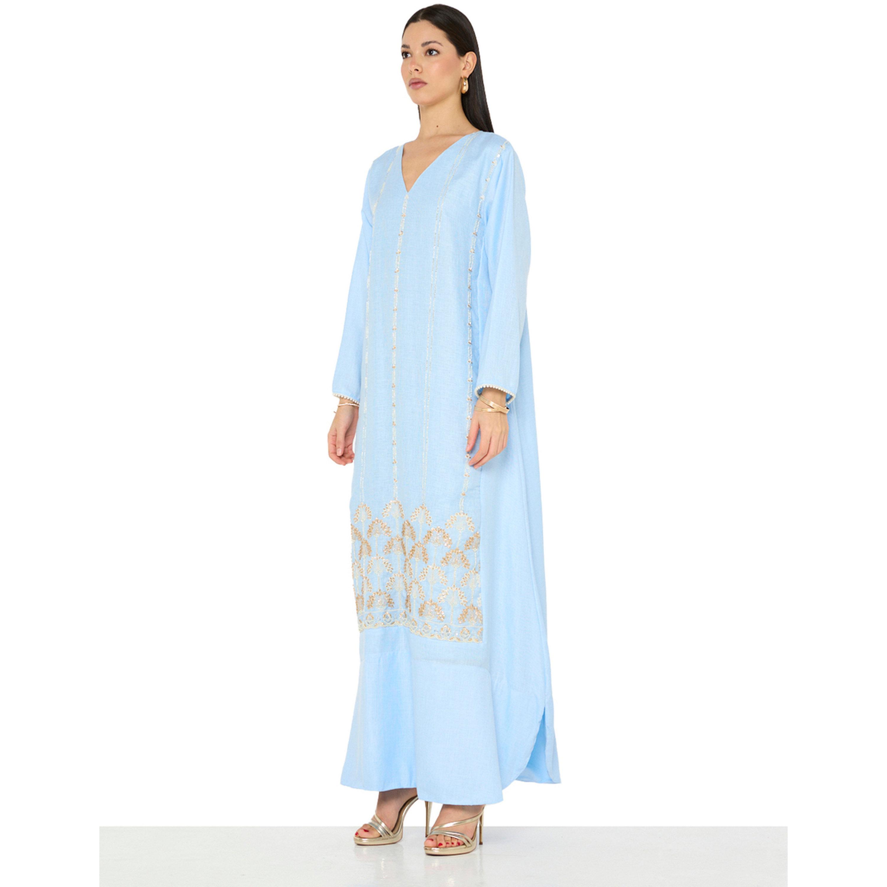 جلابية طويلة أزرق فاتح بحافة واسعة وتطريز ذهبي-women-arabicclothing-jalabiyas-image-2