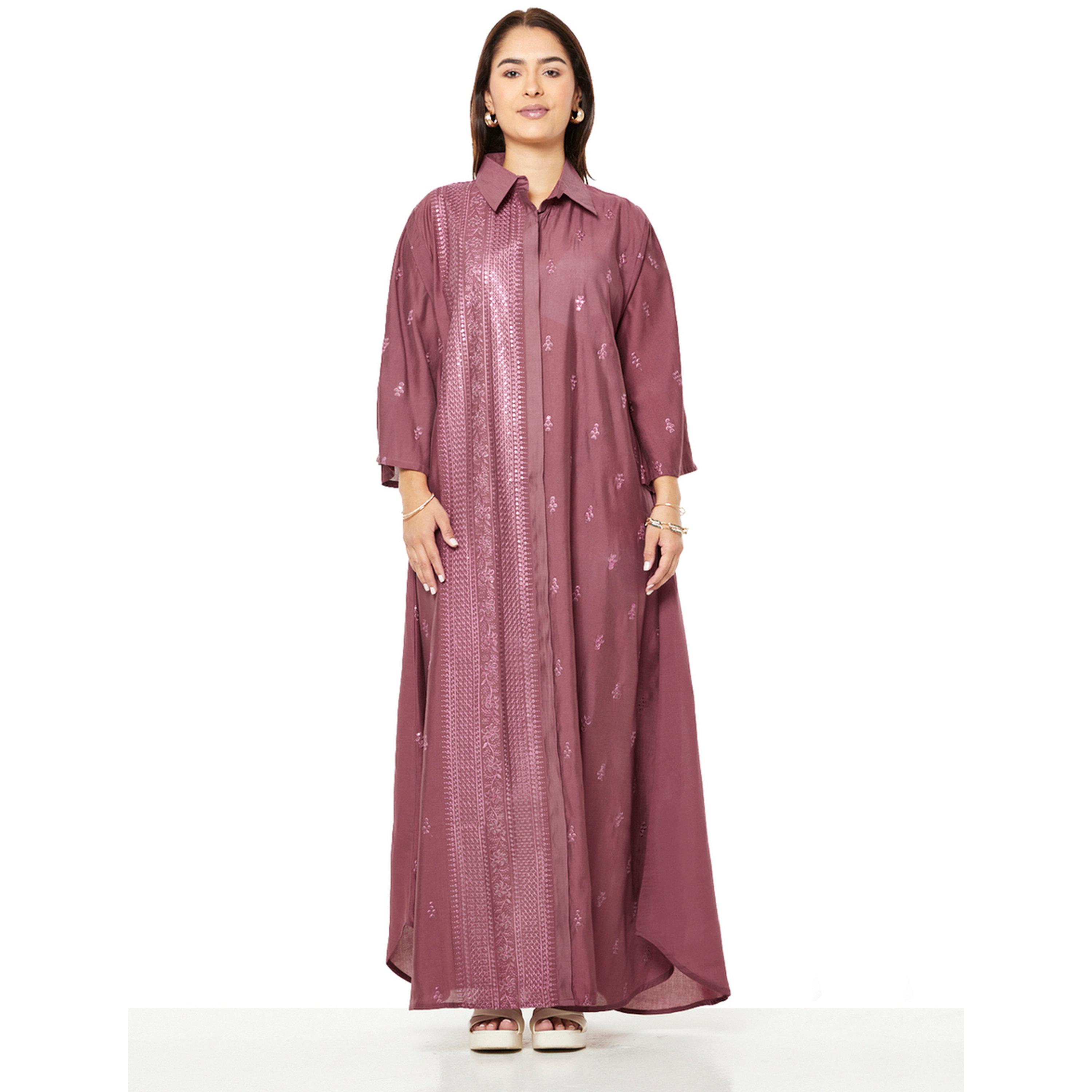 Thouq X Styli Maroon A-Line Maxi Jalabiya with Embroidery-women-arabicclothing-jalabiyas-image-1