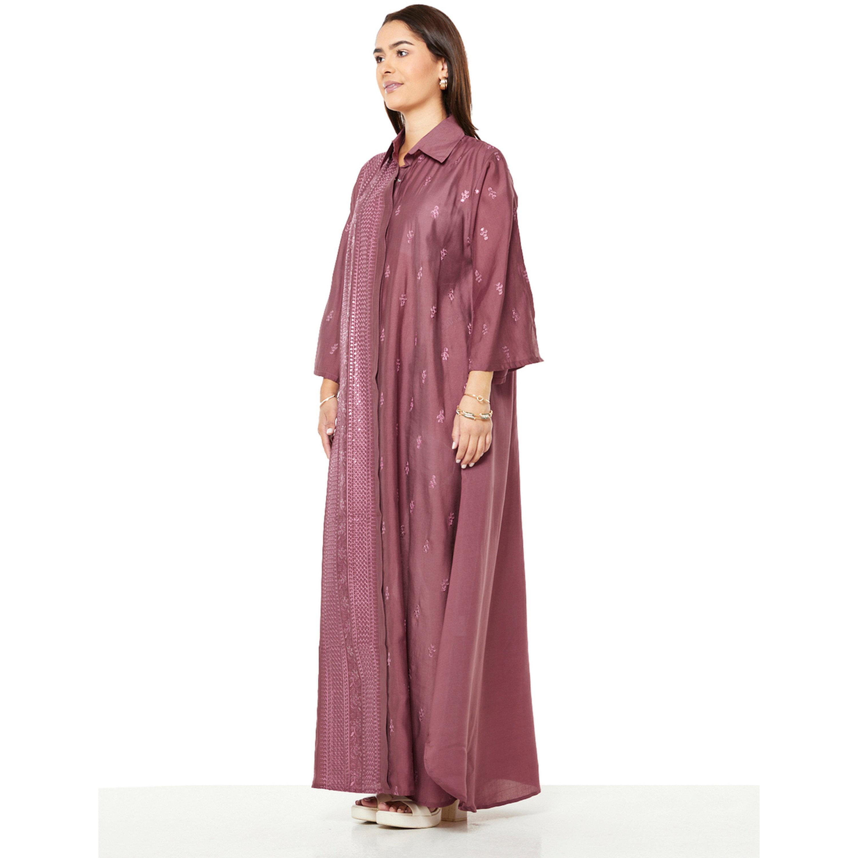 Thouq X Styli Maroon A-Line Maxi Jalabiya with Embroidery-women-arabicclothing-jalabiyas-image-2