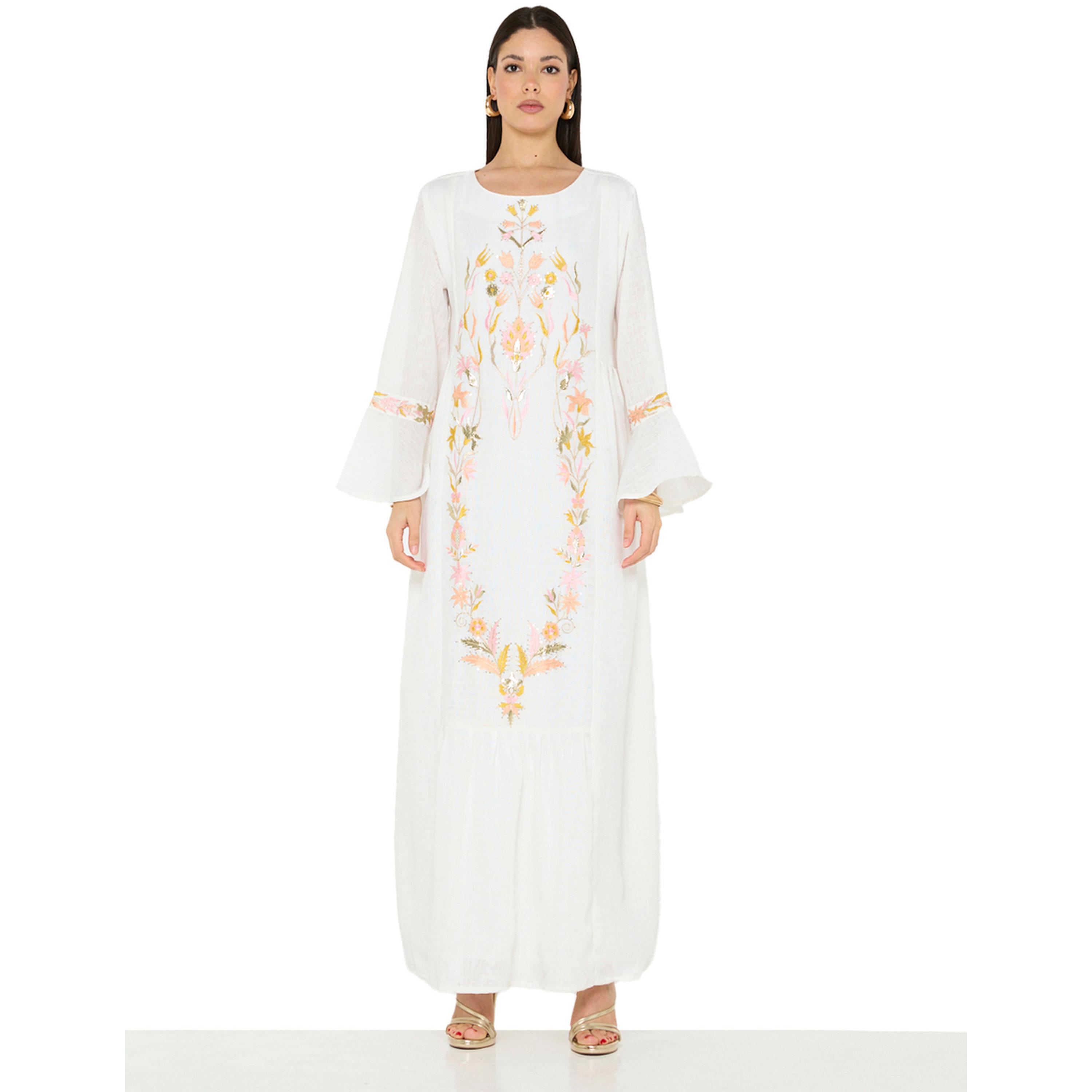 جلابية طويلة أوف وايت بحافة واسعة وتطريز زهور-women-arabicclothing-jalabiyas-image-1