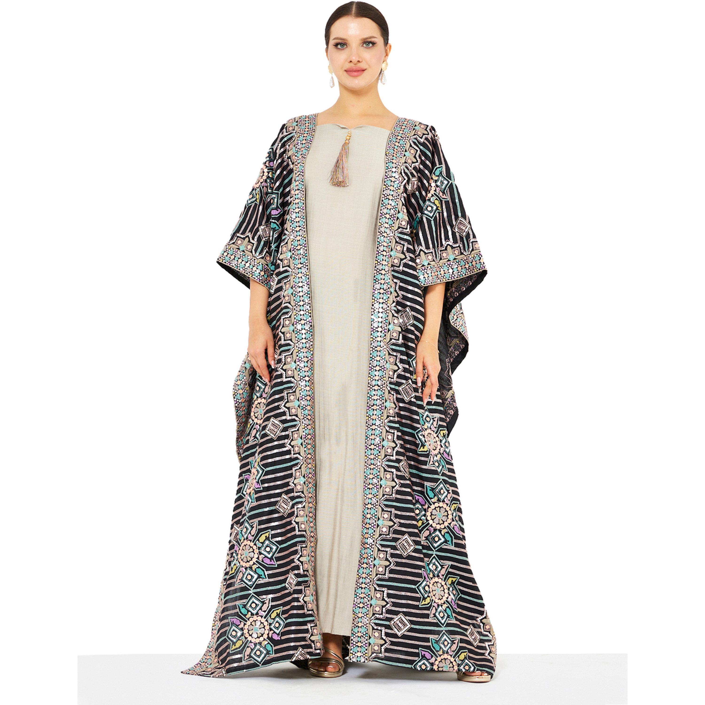 Thouq X Styli Beige Maxi A-Line Jalabiya with Intricate Patterned Overlay-women-arabicclothing-jalabiyas-image-1