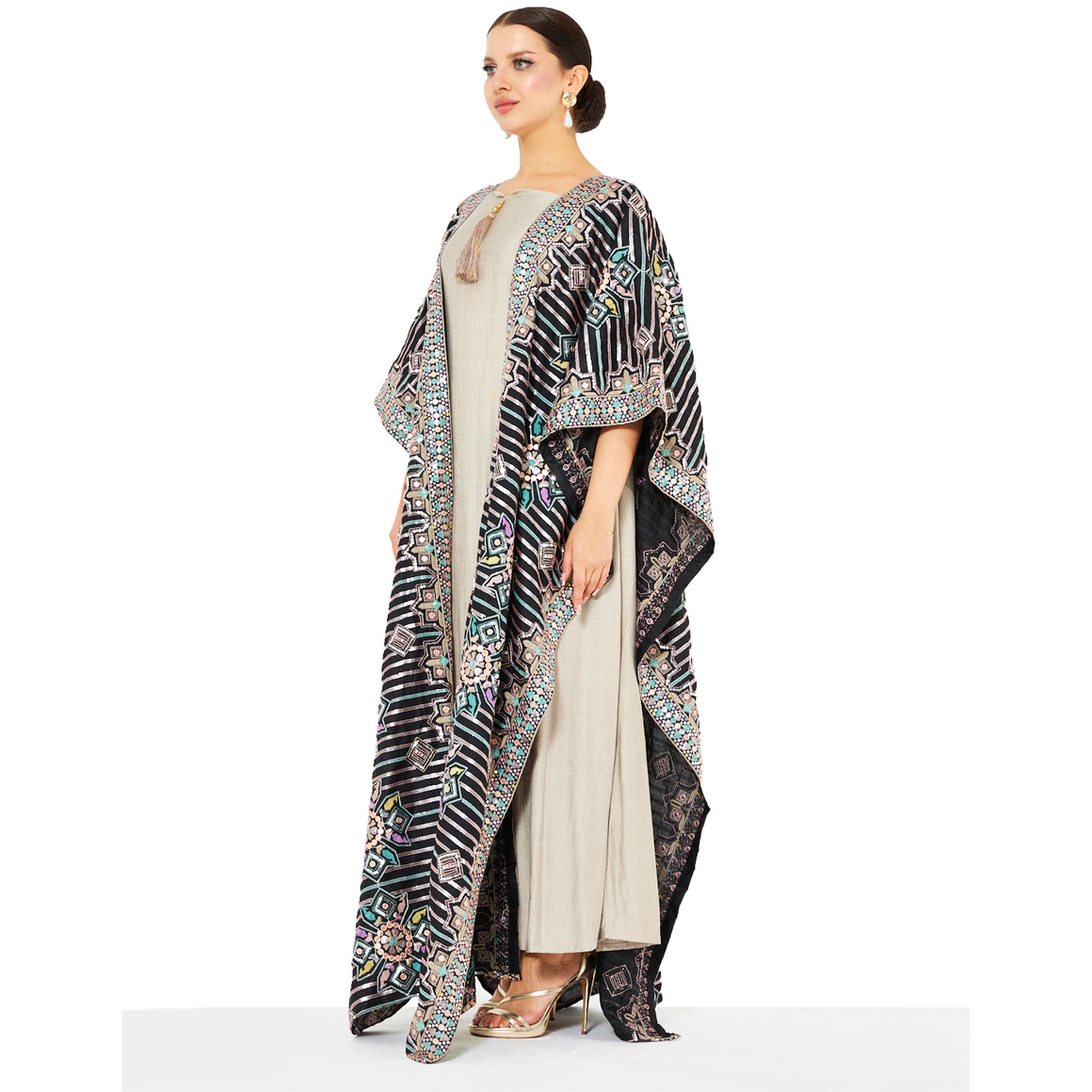 Thouq X Styli Beige Maxi A-Line Jalabiya with Intricate Patterned Overlay-women-arabicclothing-jalabiyas-image-2