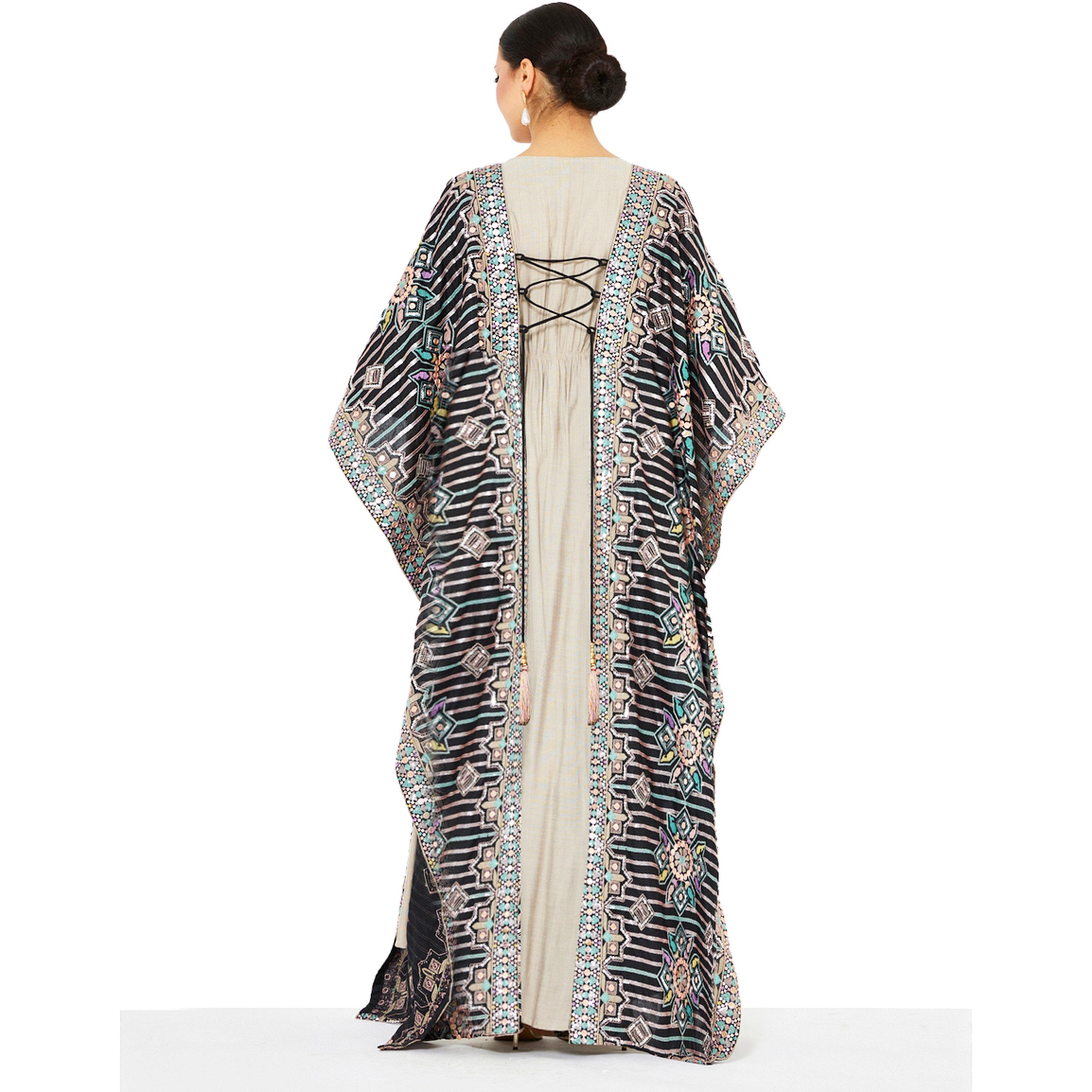 Thouq X Styli Beige Maxi A-Line Jalabiya with Intricate Patterned Overlay-women-arabicclothing-jalabiyas-image-3