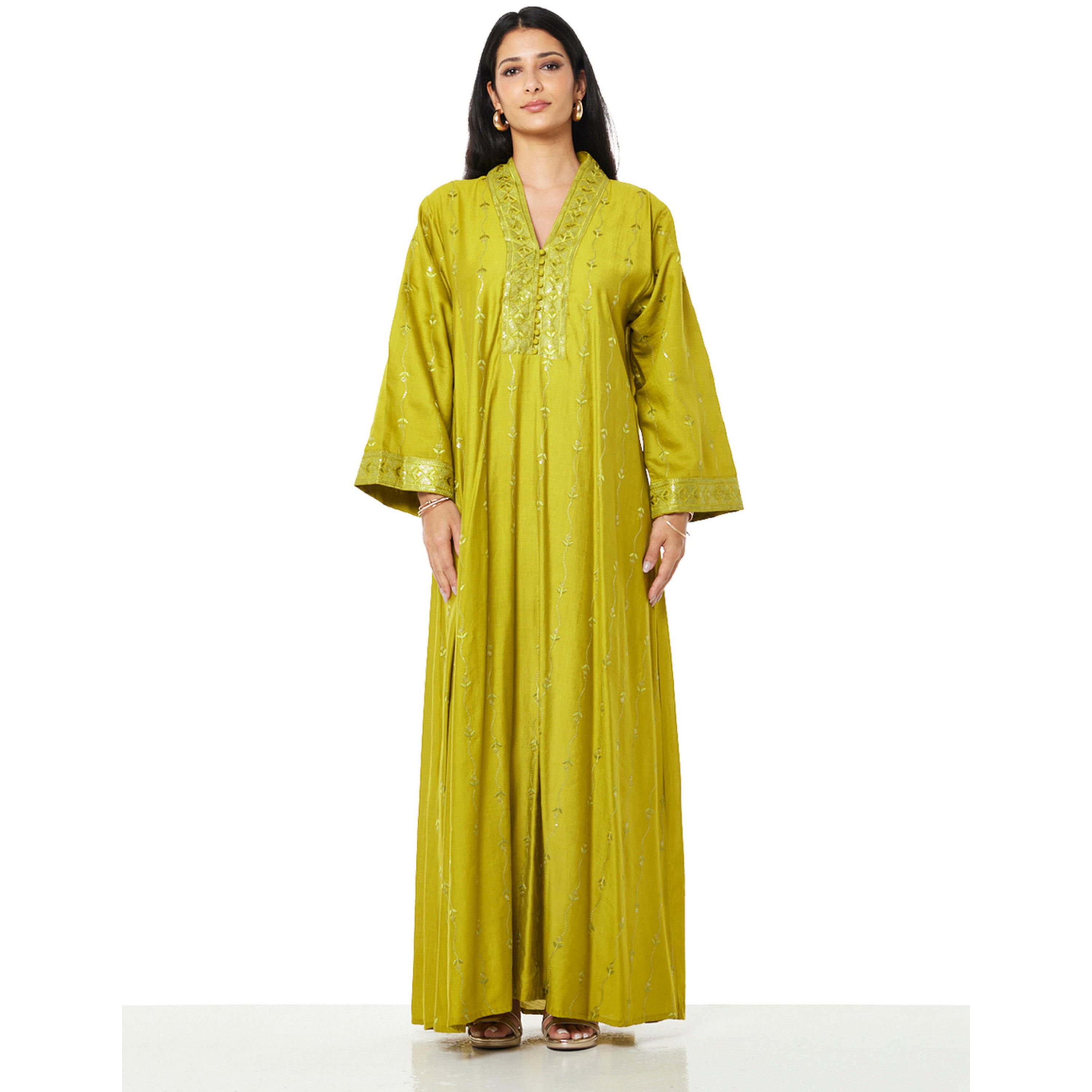 Thouq X Styli Mustard A-Line Maxi Jalabiya with Embroidery-women-arabicclothing-jalabiyas-image-1