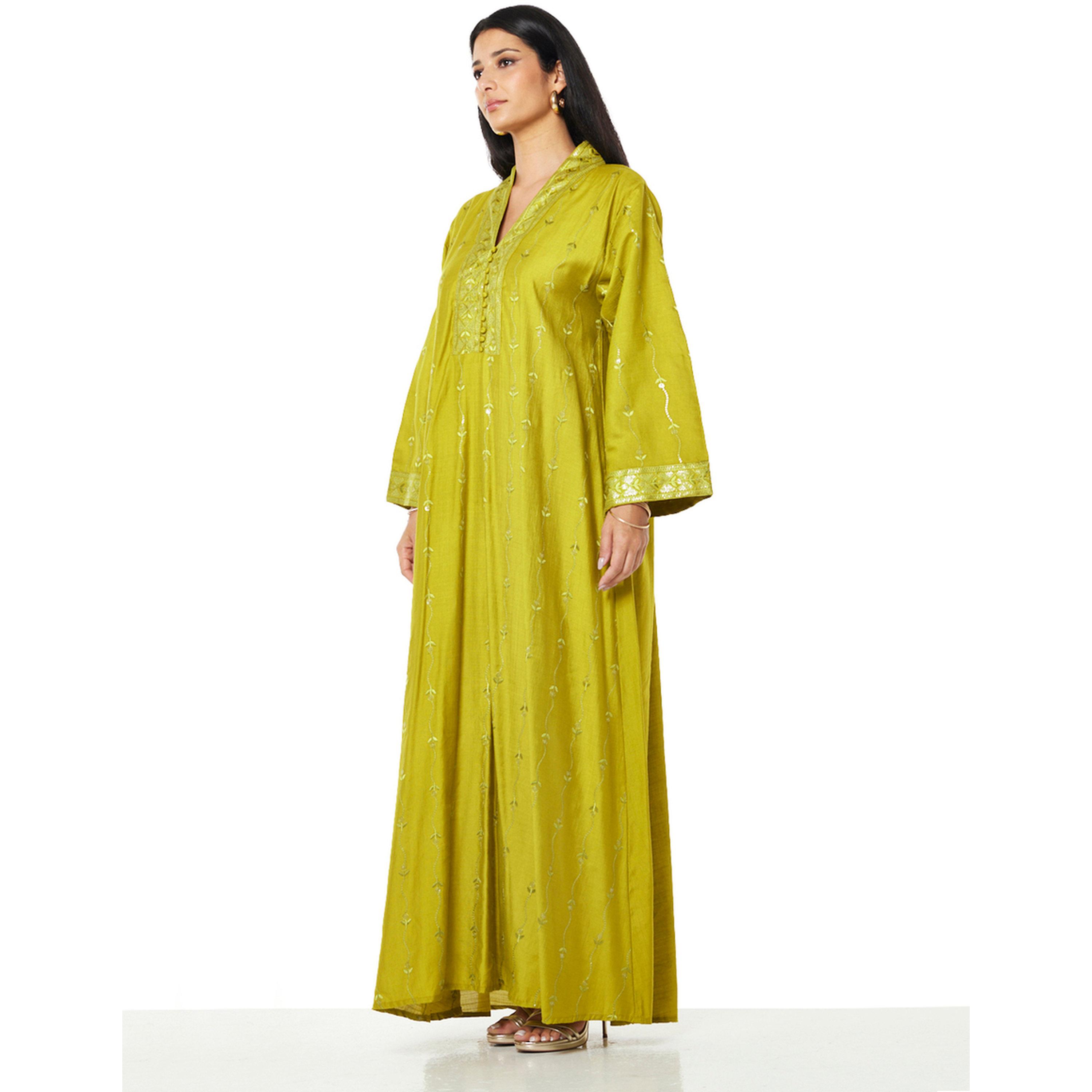 Thouq X Styli Mustard A-Line Maxi Jalabiya with Embroidery-women-arabicclothing-jalabiyas-image-2