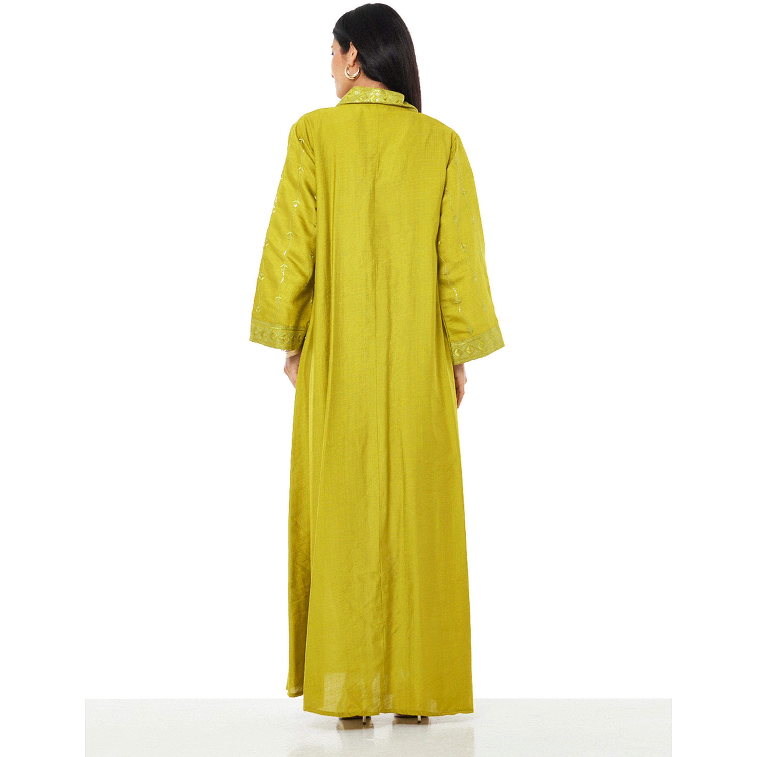 Thouq X Styli Mustard A-Line Maxi Jalabiya with Embroidery-women-arabicclothing-jalabiyas-image-3