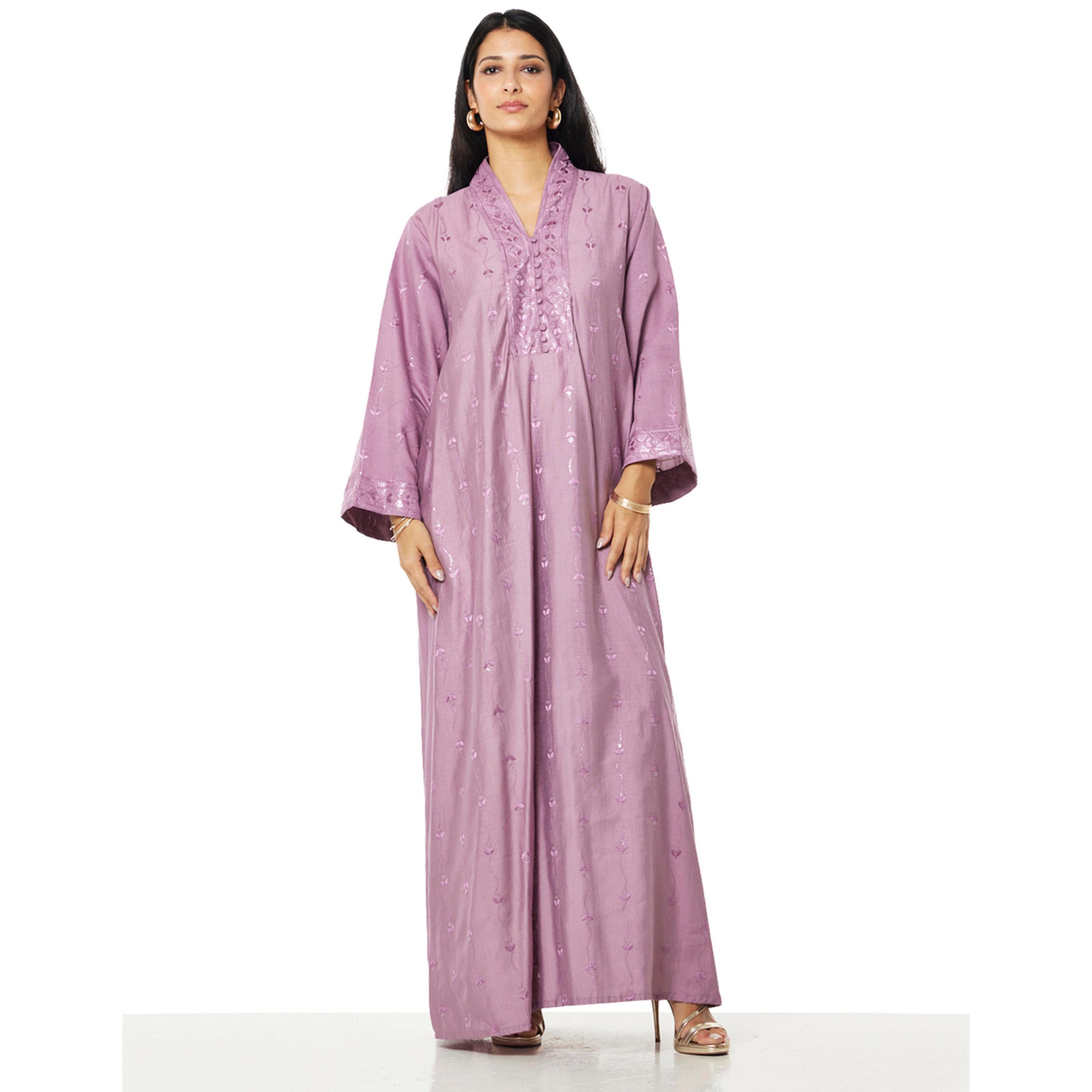 Thouq X Styli Purple A-Line Embroidered Maxi Jalabiya-women-arabicclothing-jalabiyas-image-1