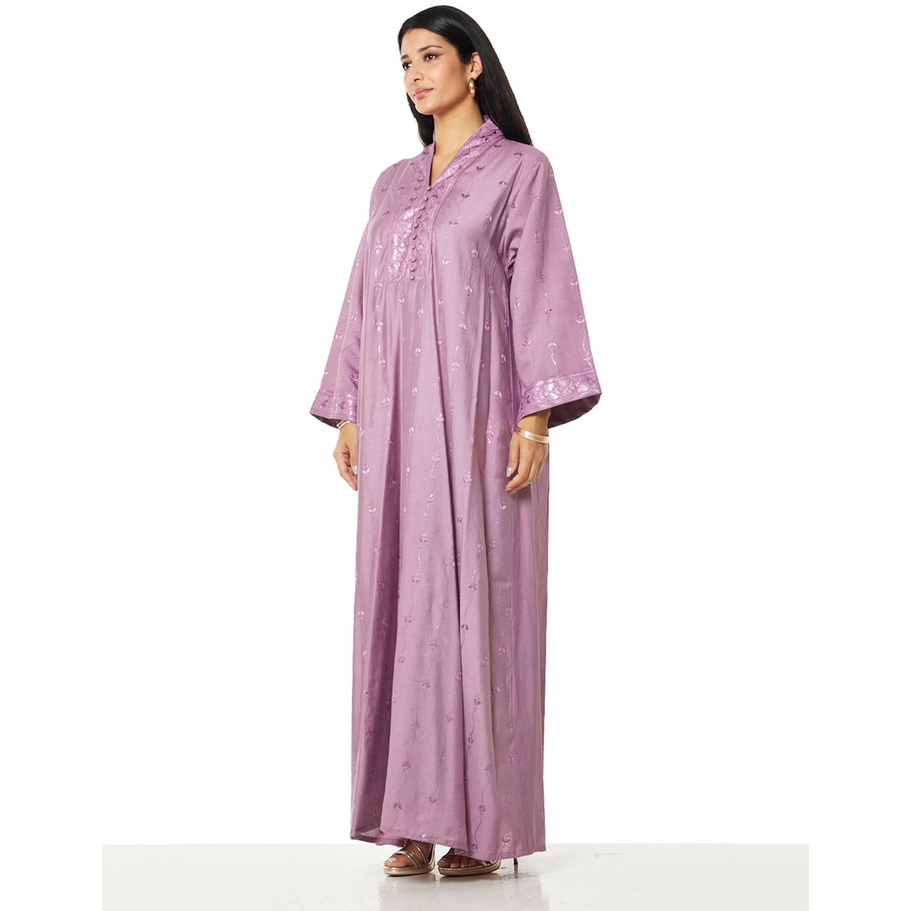 Thouq X Styli Purple A-Line Embroidered Maxi Jalabiya-women-arabicclothing-jalabiyas-image-2