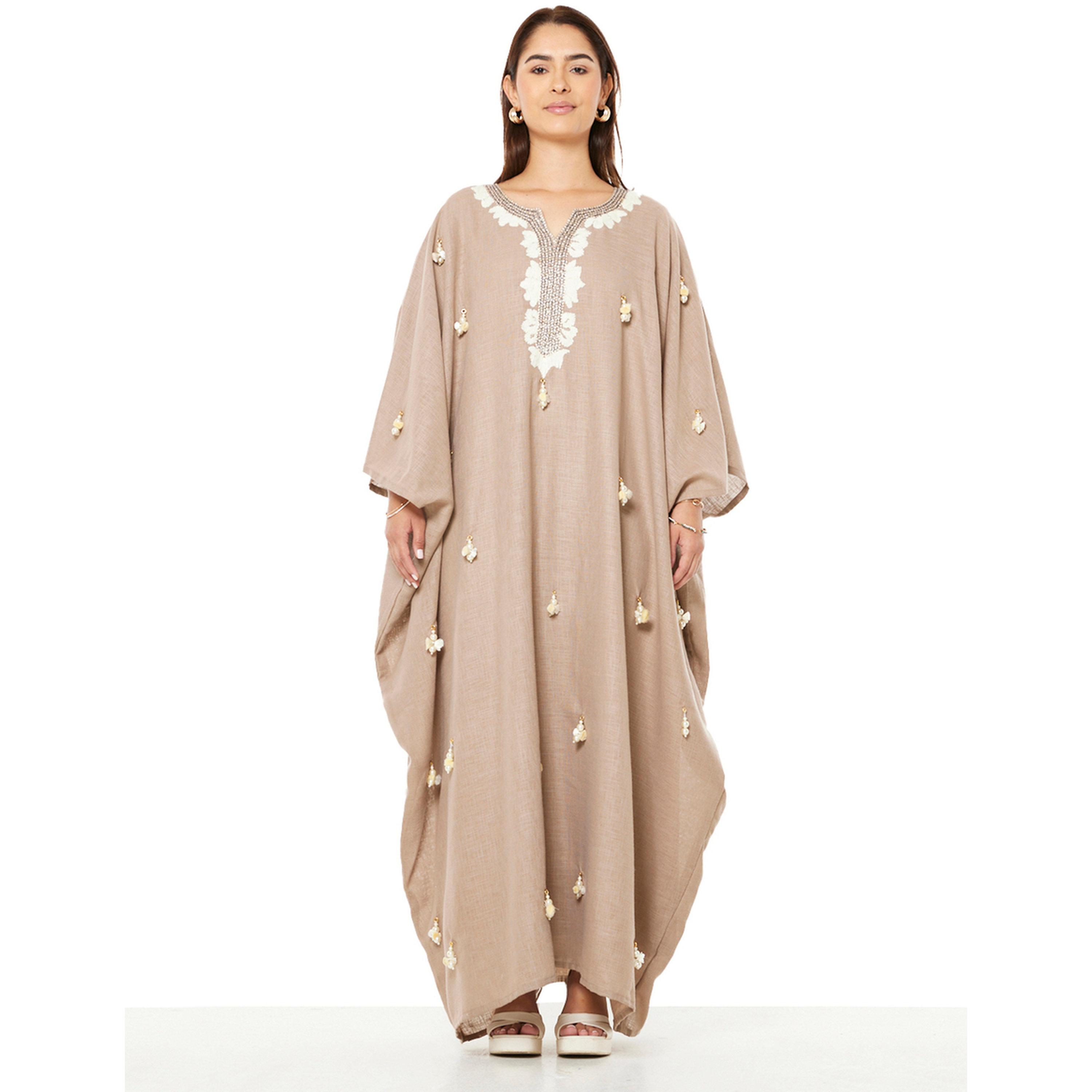 Thouq X Styli Beige A-Line Maxi Jalabiya with Beaded Embellishments-women-arabicclothing-jalabiyas-image-1