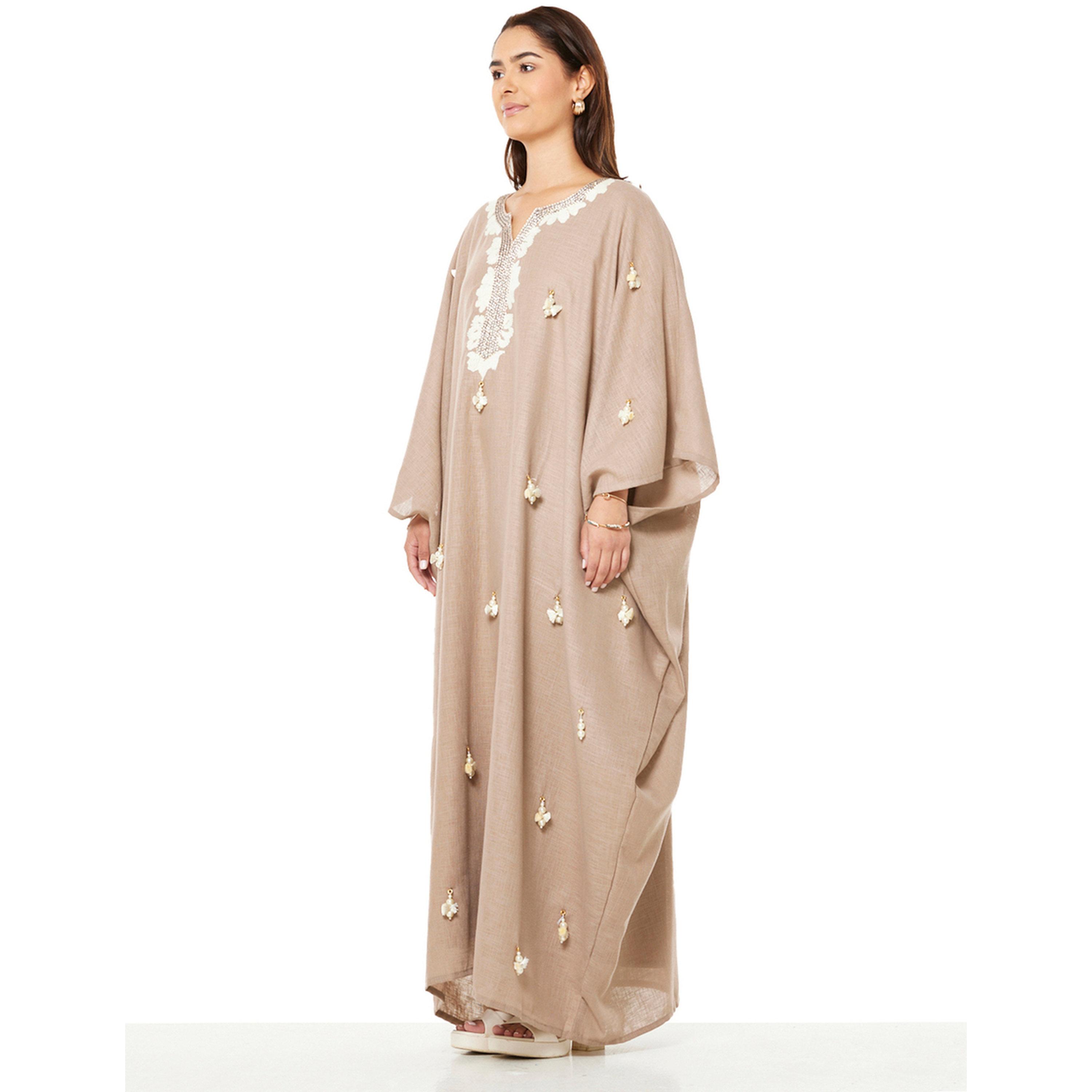 Thouq X Styli Beige A-Line Maxi Jalabiya with Beaded Embellishments-women-arabicclothing-jalabiyas-image-2