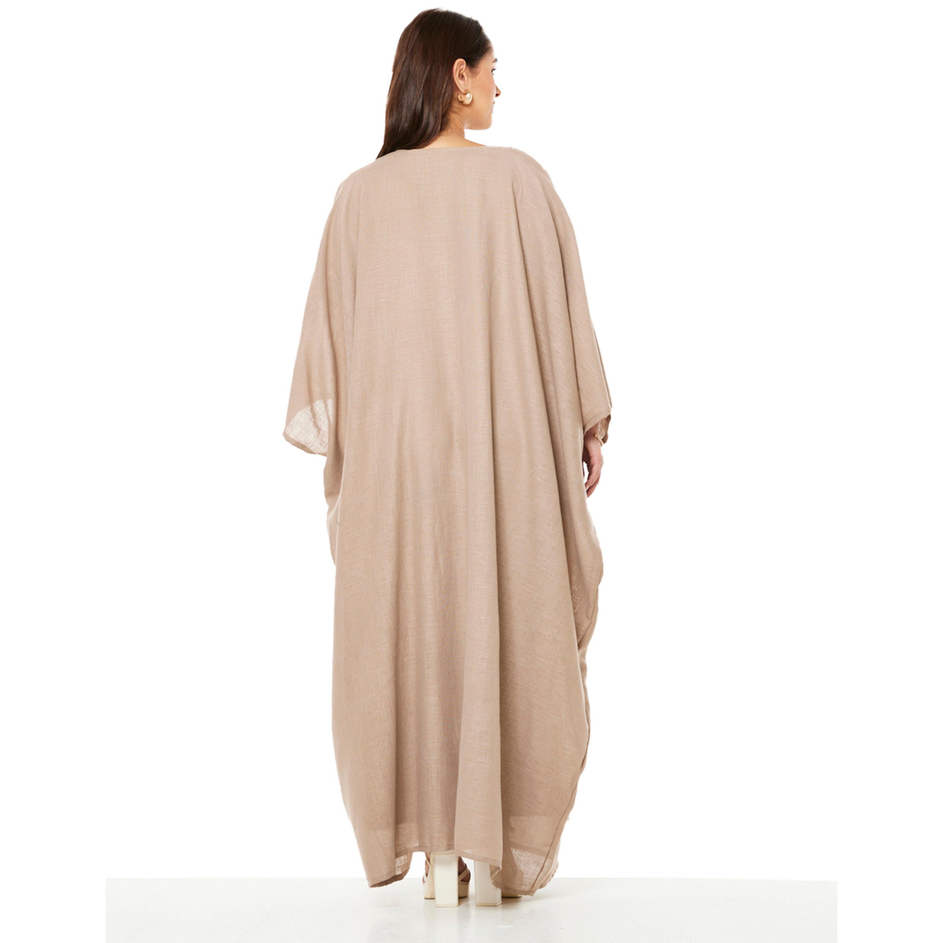Thouq X Styli Beige A-Line Maxi Jalabiya with Beaded Embellishments-women-arabicclothing-jalabiyas-image-3