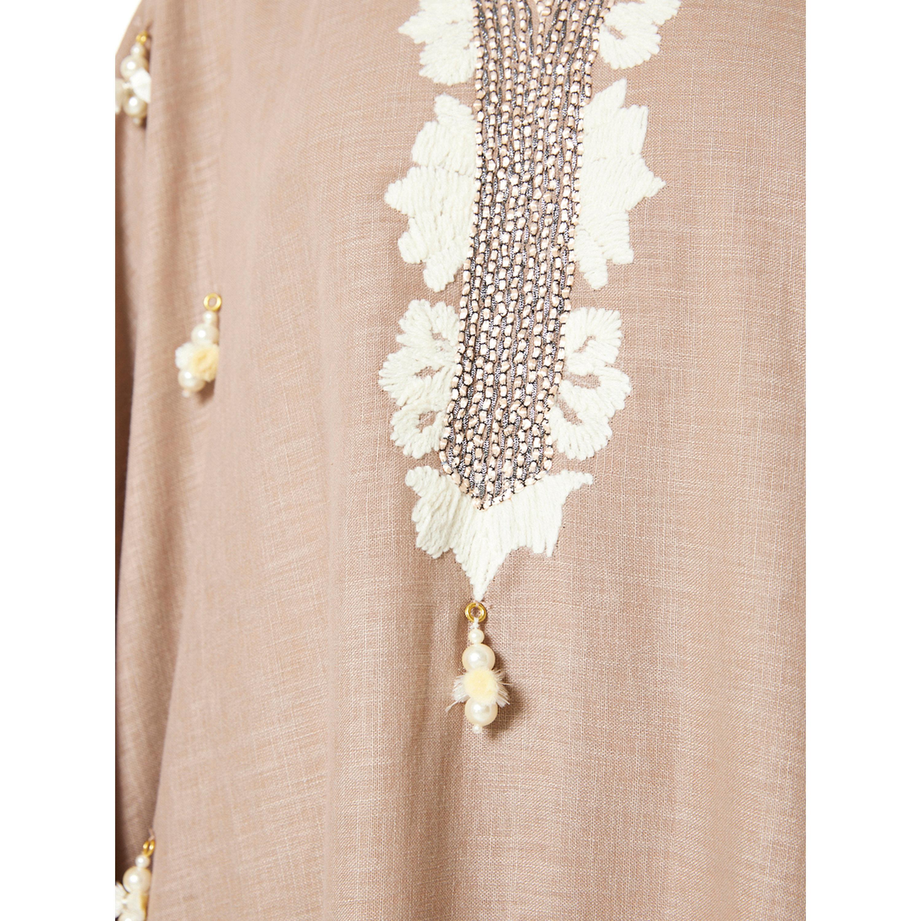 Thouq X Styli Beige A-Line Maxi Jalabiya with Beaded Embellishments-women-arabicclothing-jalabiyas-image-4