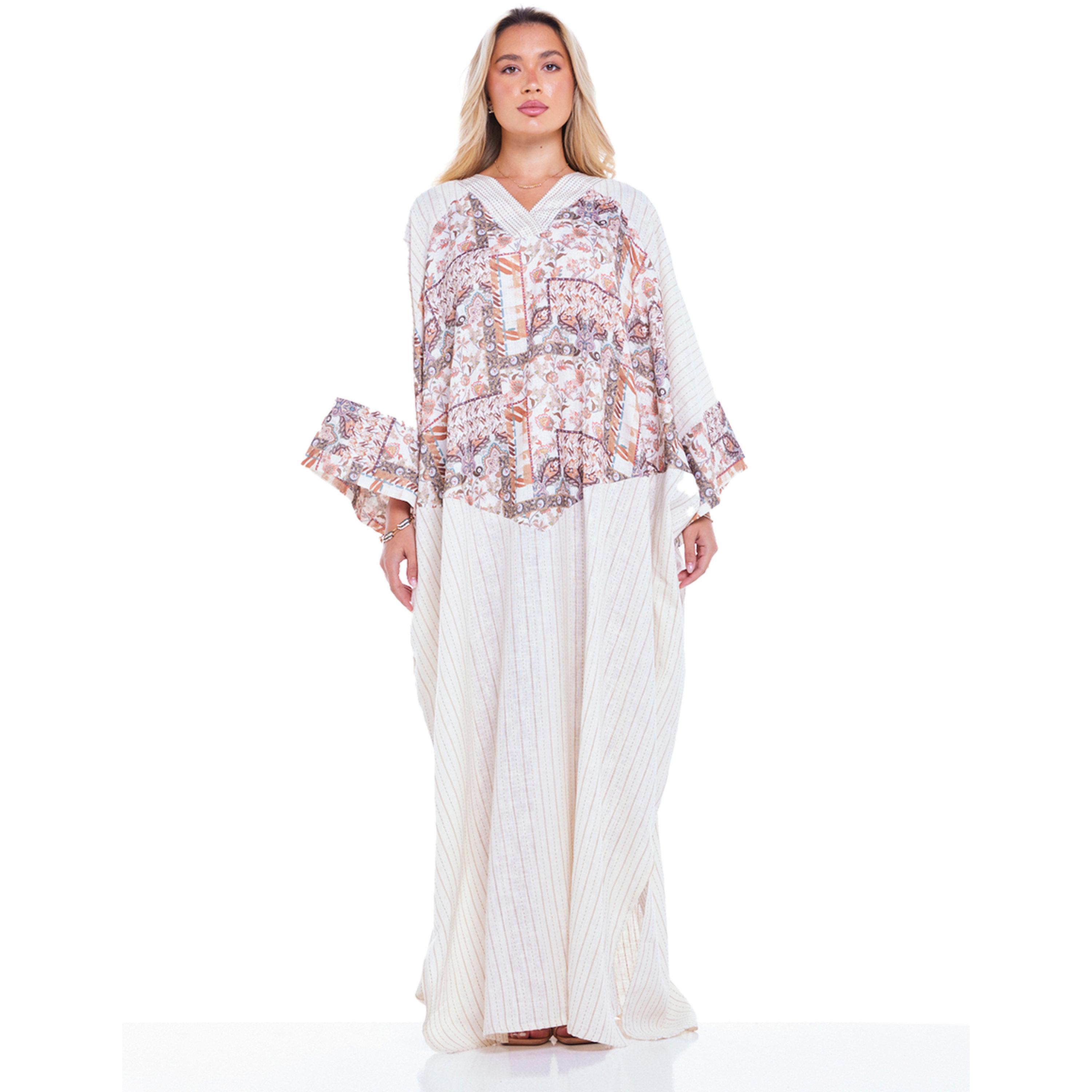 Thouq X Styli Beige Patchwork Print A-Line Maxi Kaftan Dress-women-arabicclothing-kaftan-image-1