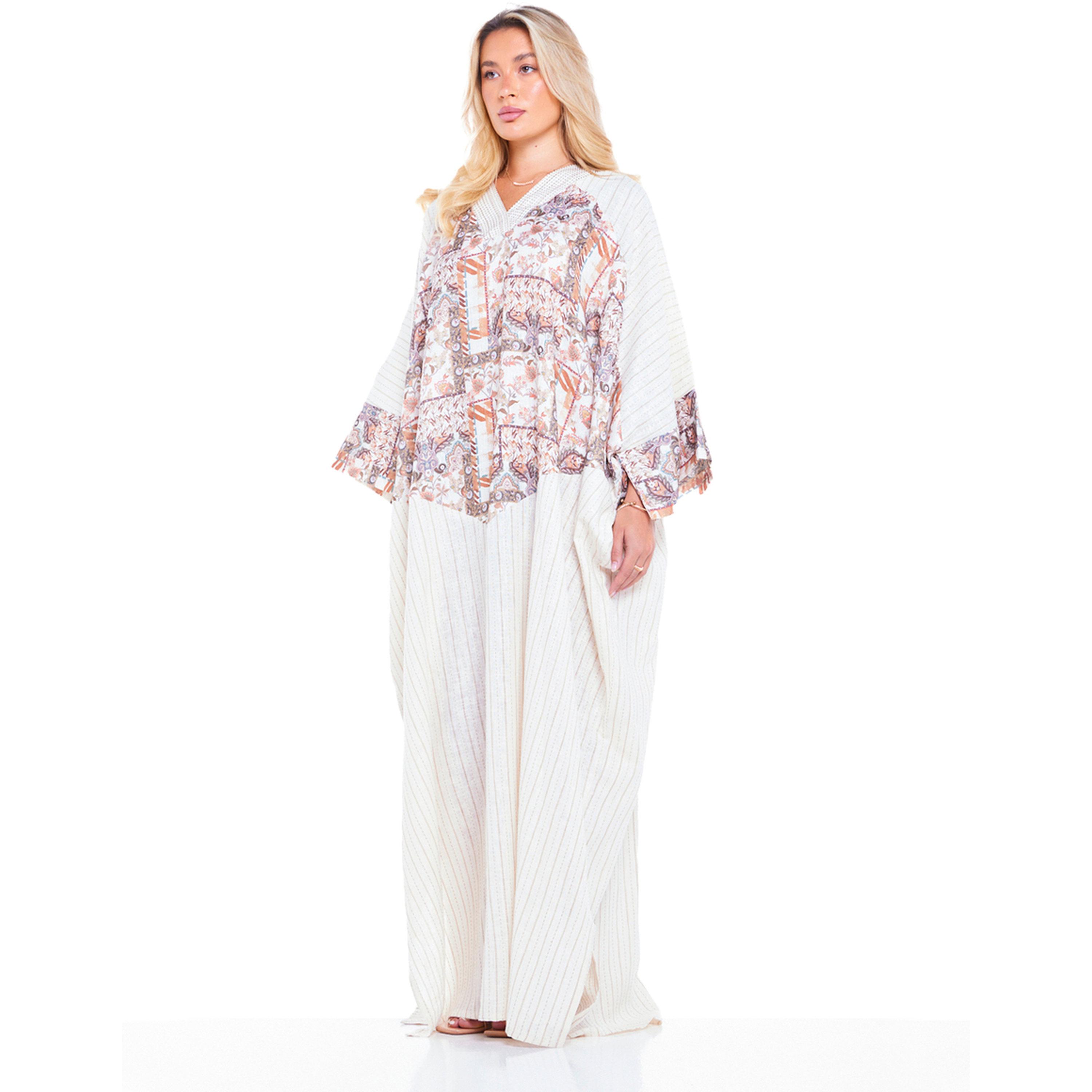 Thouq X Styli Beige Patchwork Print A-Line Maxi Kaftan Dress-women-arabicclothing-kaftan-image-2