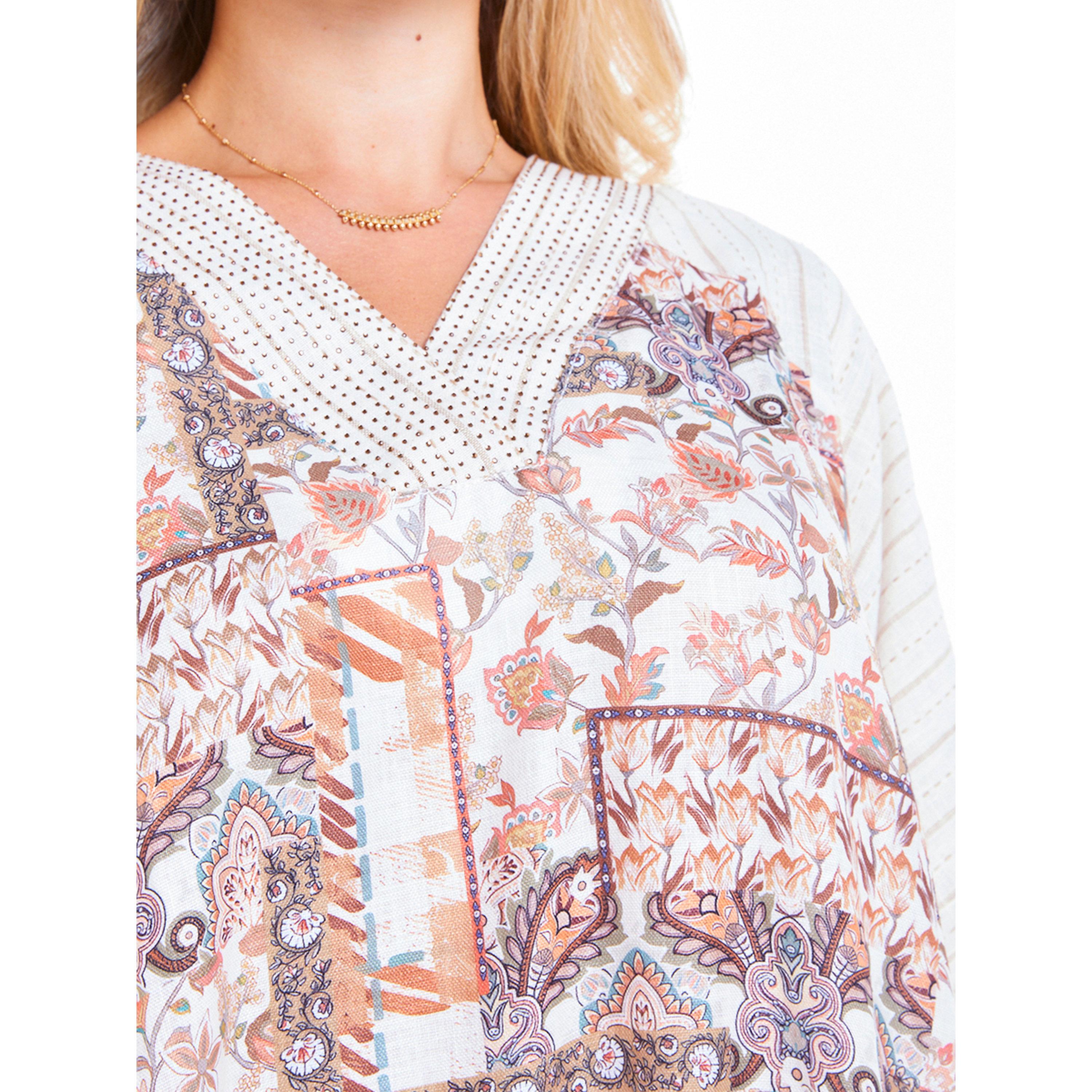 Thouq X Styli Beige Patchwork Print A-Line Maxi Kaftan Dress-women-arabicclothing-kaftan-image-4